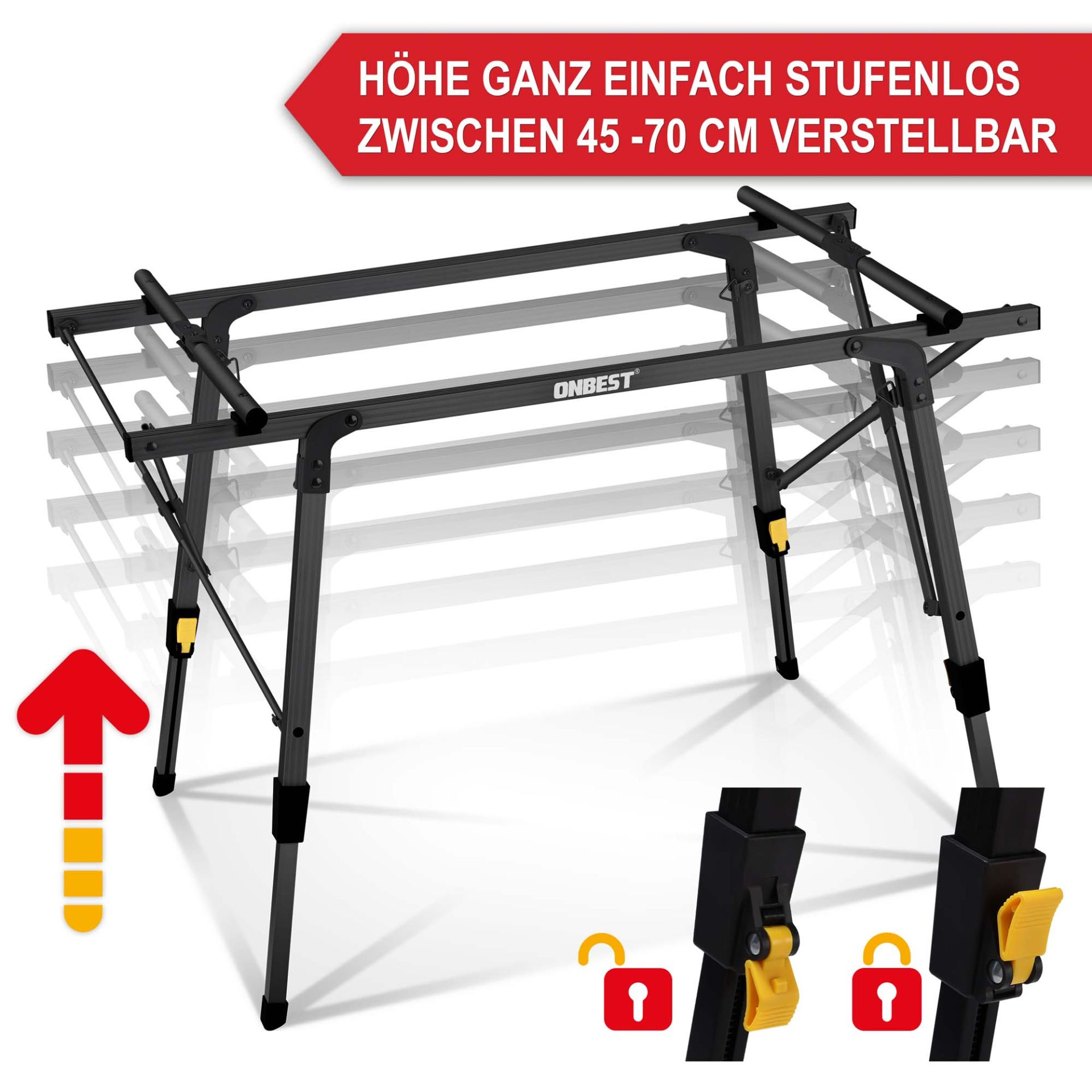 Klapptisch Norderney schwarz - Höhe ganz einfach stufenlos zwischen 40 und 70 Centimeter verstellbar