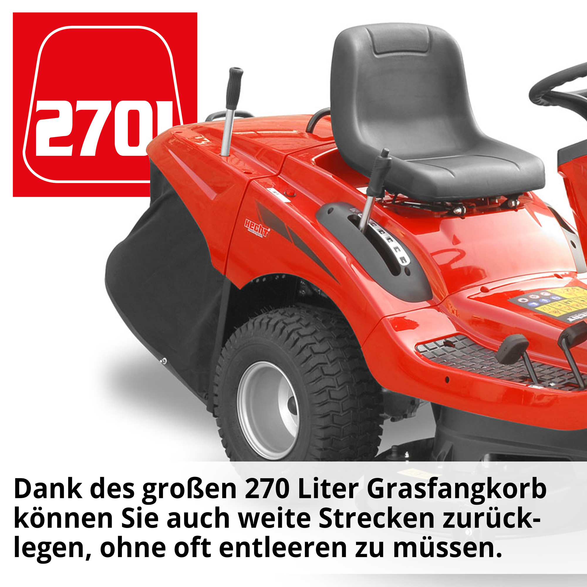 Hecht Aufsitzmäher mit 270 Liter Grasfangkorb ideal für große Flächen 