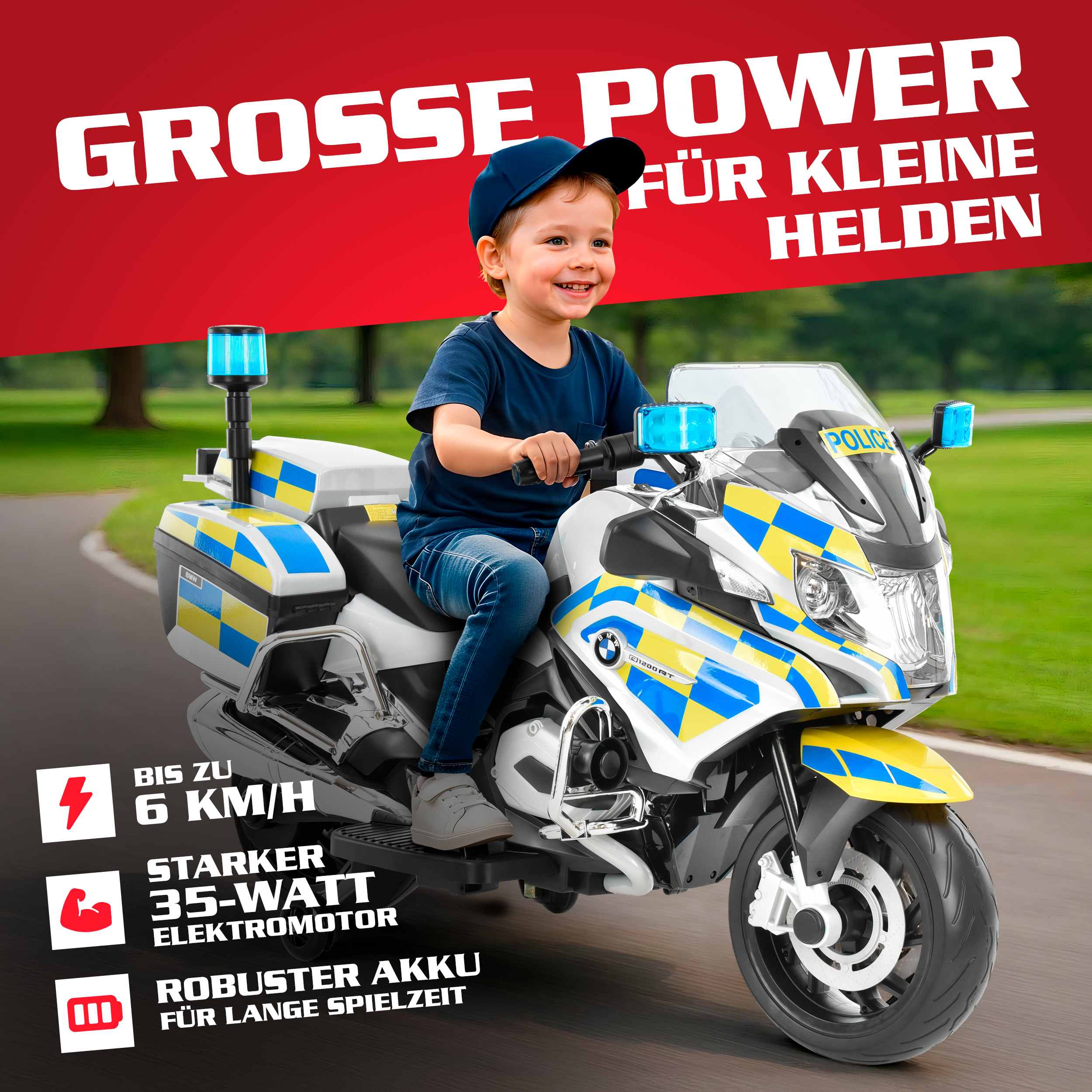 Polizeimotorrad mit Stützrädern und Licht – sicheres Fahrvergnügen für Kinder