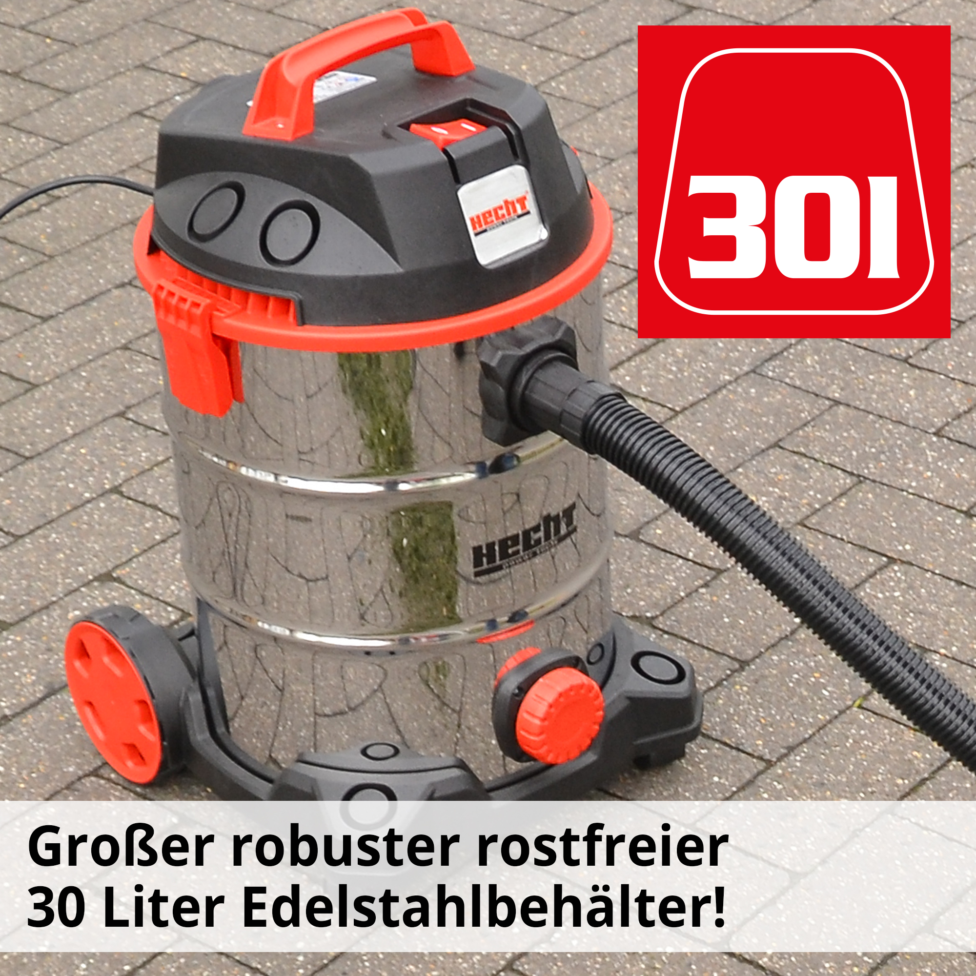 HECHT 8330 Industriesauger mit großen, rostfreiem 30 Liter Edelstahlbehälter