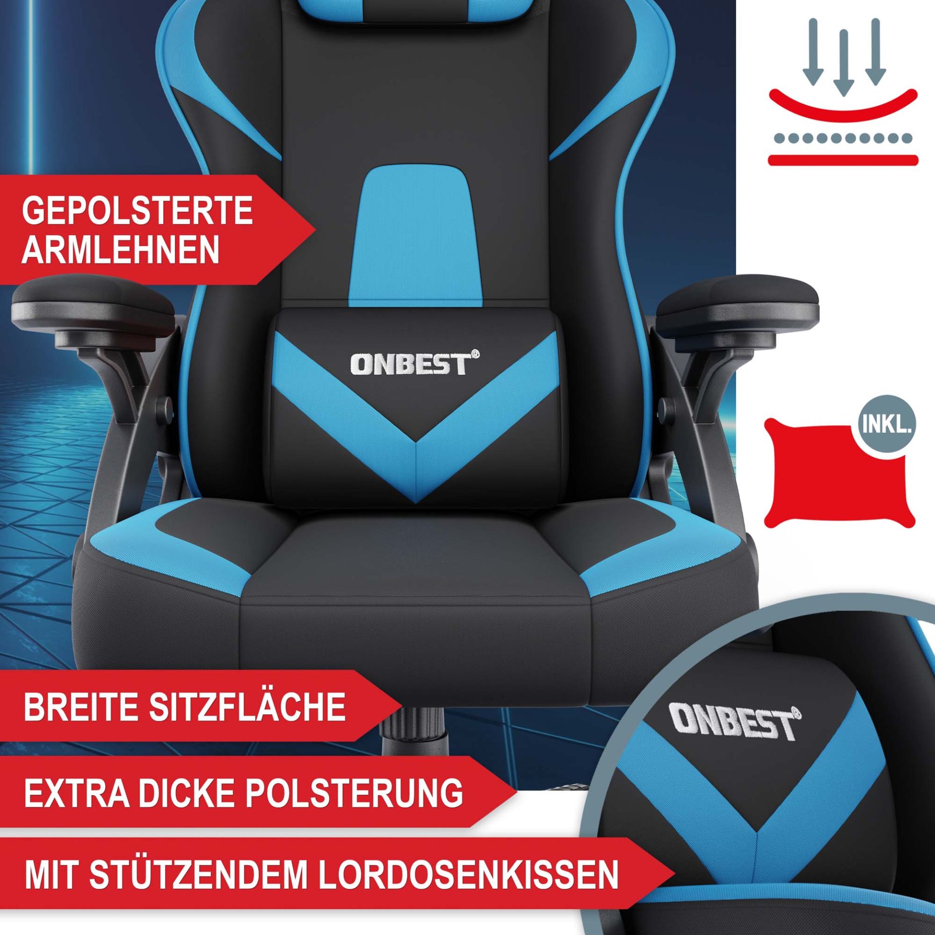 Gaming Stuhl schwarz/ blau - Gepolsterte Armlehne, Breite Sitzfläche, extra dicke Polsterung mit stützendem Lordosenkissen