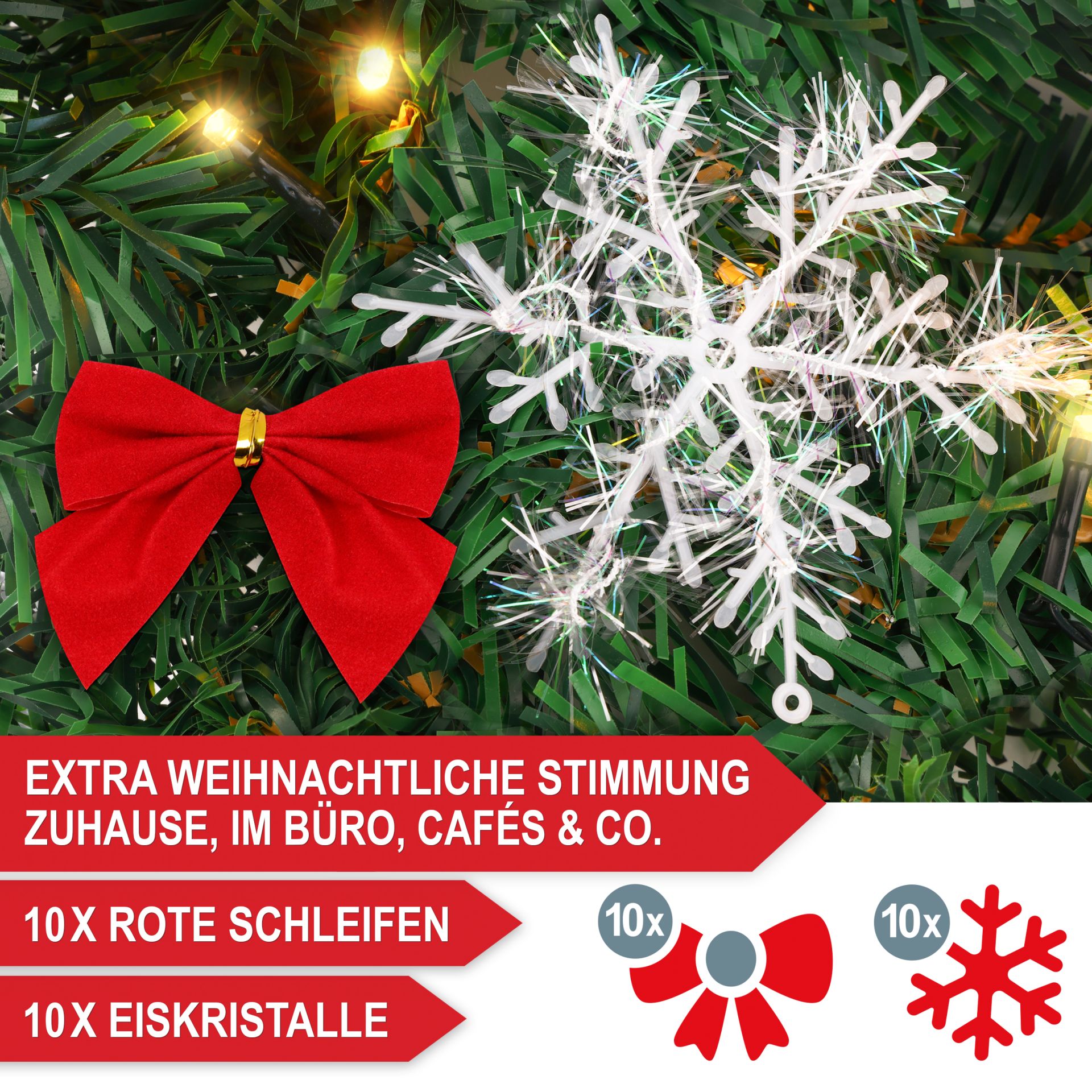 Weihnachtsgirlande 5m - Extra weihnachtliche Stimmung, 10mal rote Schleife, 10mal Eiskristalle