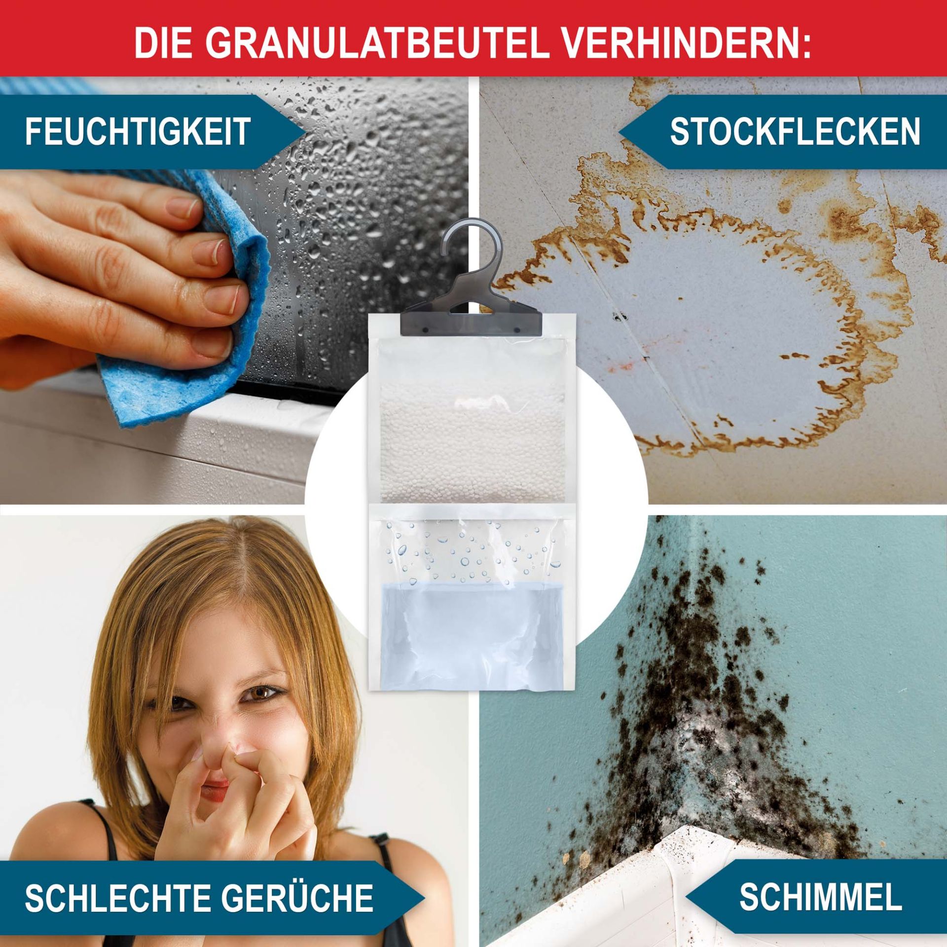 Luftentfeuchter zum Aufhängen - Die Granulatbeutel verhindern Feuchtigkeit, Stockflecken, schlechte Gerüche, Schimmel