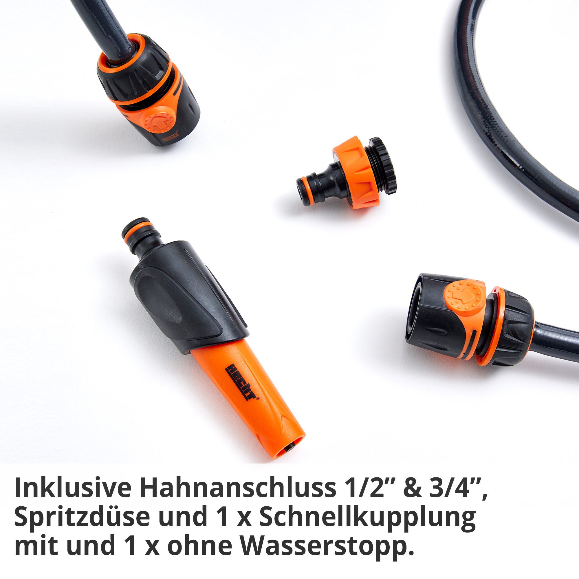 Wand-Schlauchtrommel; Inklusive Hahnanschluss für 1/2 und 3/4 Zoll sowie Spritzdüse und Schnellkupplungen, einmal mit und einmal ohne Wasserstopp (Dieses Bild wurde mit Hilfe von KI generiert.)