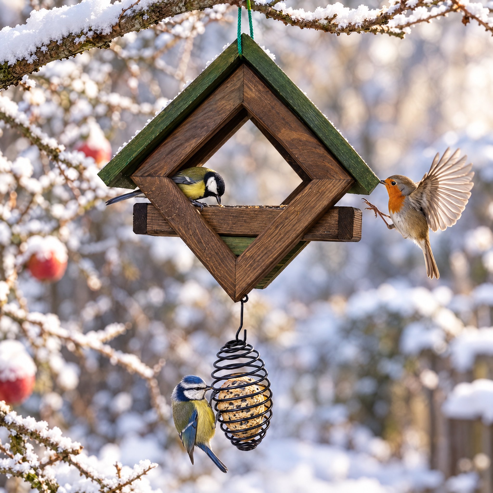 Vogelhaus Braun-Grün im Schnee: Kohlmeise, Blaumeise und Rotkehlchen. (Dieses Bild wurde mit Hilfe von KI generiert.)