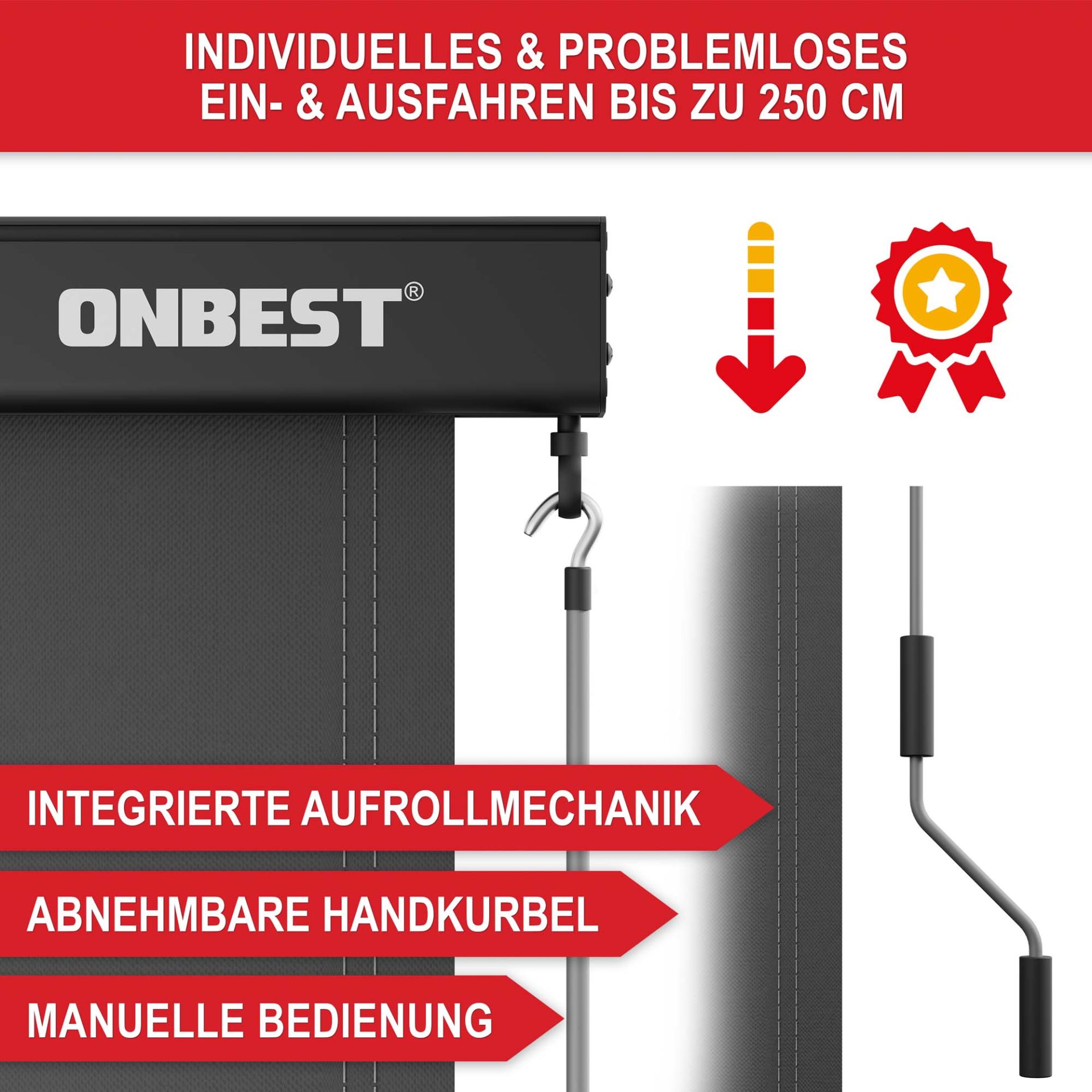 Vertikalmarkise XL - individuelles und problemloses ein- und ausfahren bis zu 250cm, integrierte Aufrollmechanik, abnehmbare Handkurbel, manuelle Bedienung
