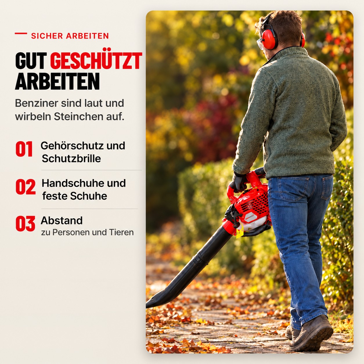 Sicher arbeiten mit dem ONBEST LV850: Gehörschutz, Schutzbrille, Handschuhe, Abstand zu Personen (Dieses Bild wurde mit Hilfe von KI generiert.)