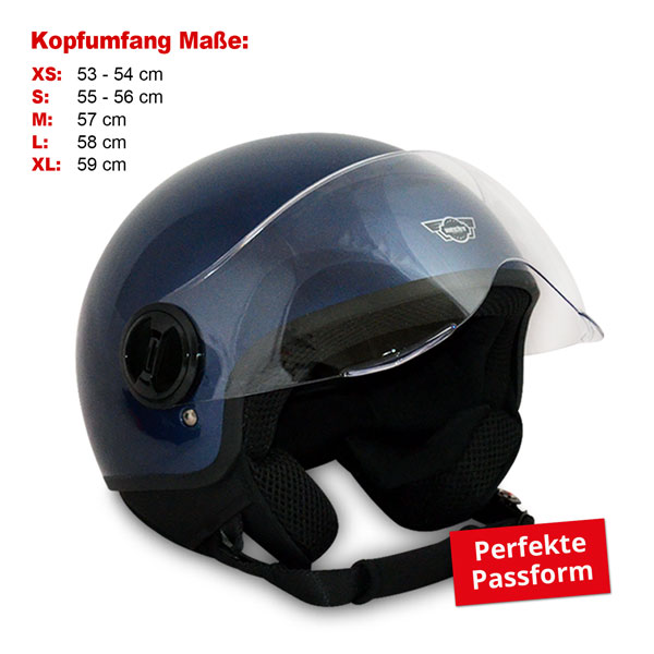 Motorradhelm; Kopfumfange Maße für XS: 53 bis 54 Zentimeter