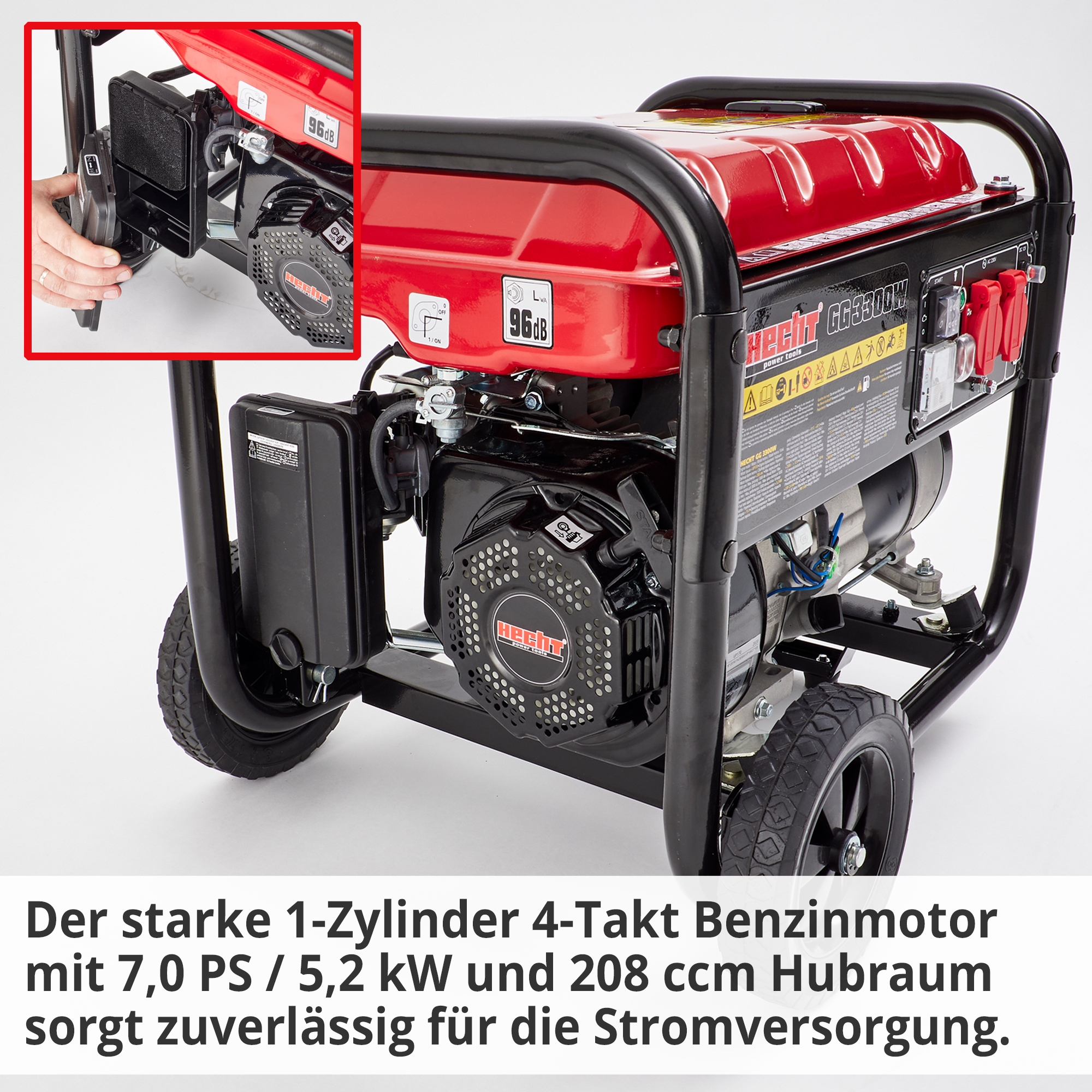 Notstromaggregat Benzin; Der starke 1-Zylinder 4-Takt Benzinmotor mit großem Hubraum sorgt zuverlässig für die Stromversorgung Notstromaggregat Benzin; Der starke 1-Zylinder 4-Takt Benzinmotor mit großem Hubraum sorgt zuverlässig für die Stromversorgung