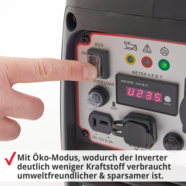Inverter Benzin Notstromaggregat mit Öko-Modus, wodurch der Inverter deutlich weniger Kraftstoff verbraucht , umweltfreundlicher und sparsamer ist