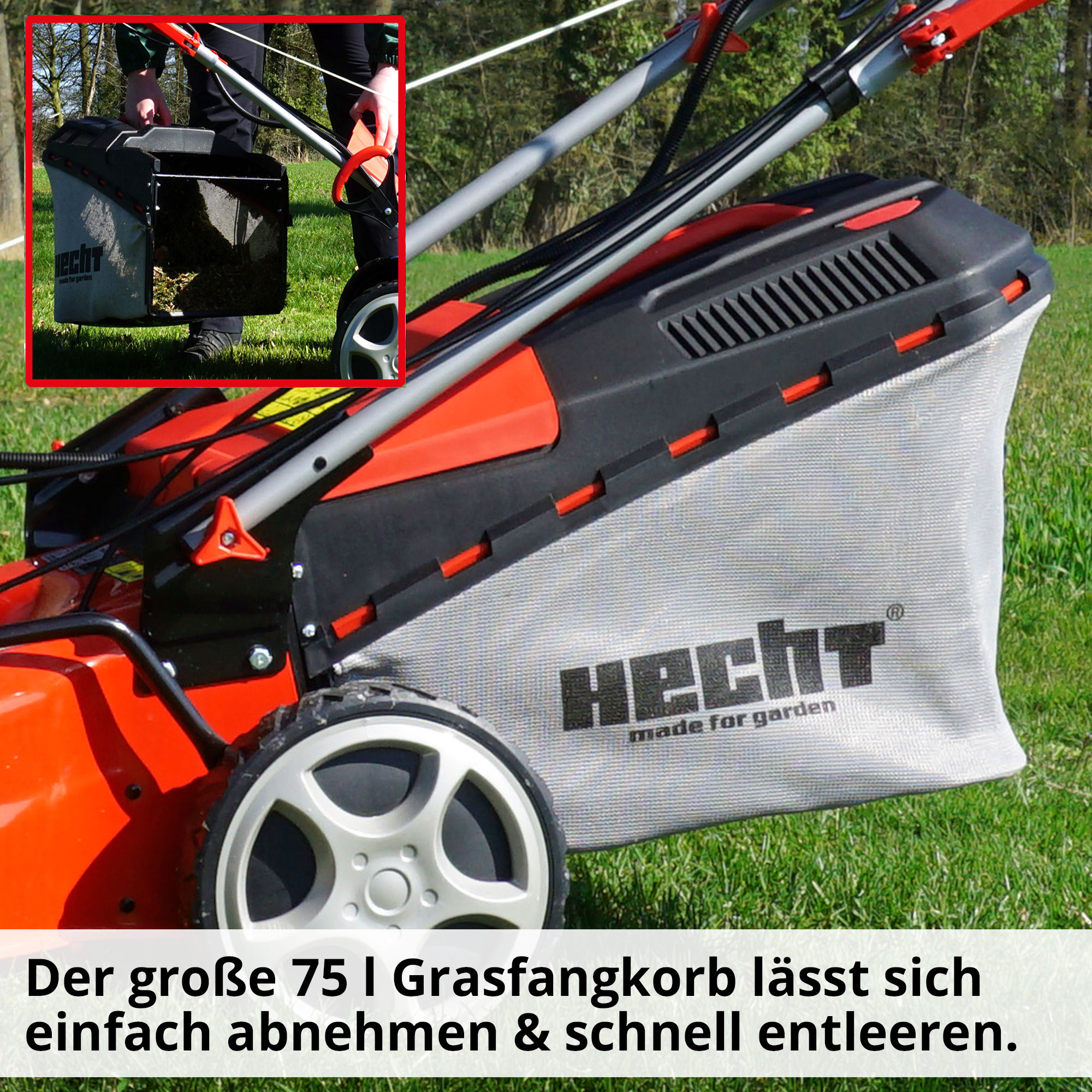 Hecht 554 SXE Benzin Rasenmäher mit großem Grasfangkorb; lässt sich einfach abnehmen und schnell entleeren