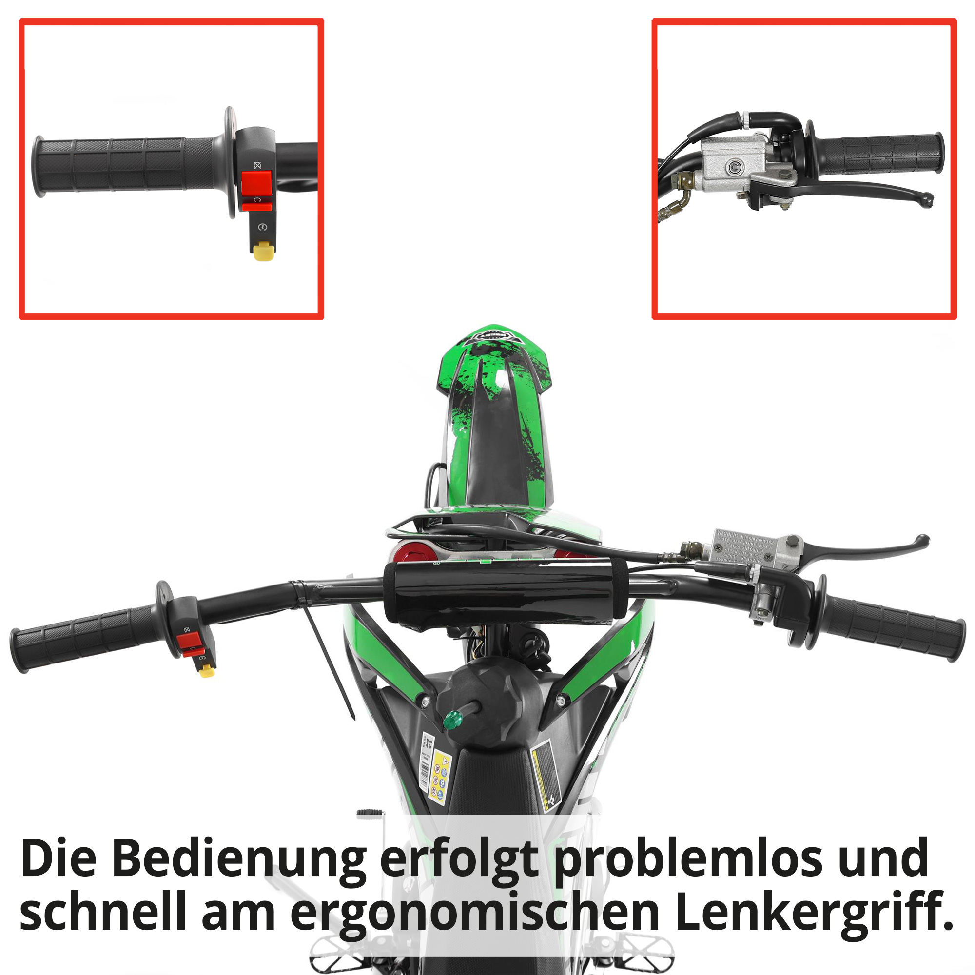 Hecht Motorcrossbike grün: Die Bedienung erfolgt problemlos und schnell am ergonomischen Lenkergriff