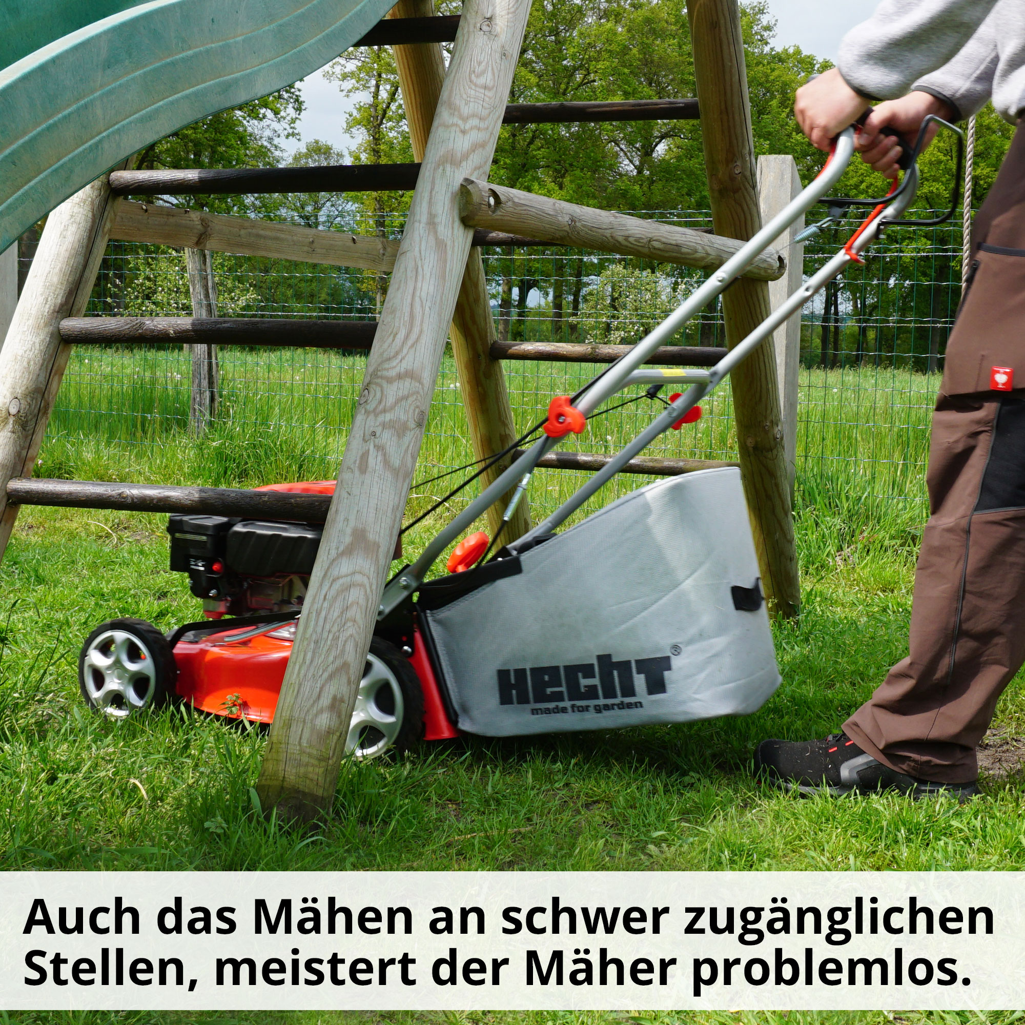 Hecht Benzin-Rasenmäher in Aktion und ideal für kleine Garten Flächen 