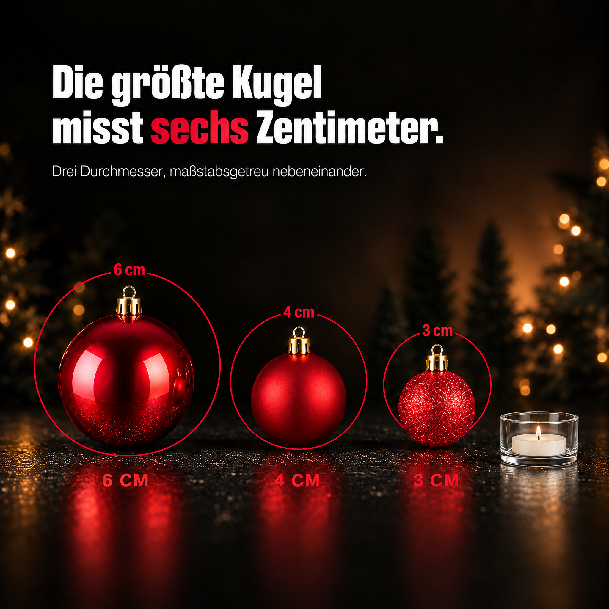 Weihnachtskugeln Größen: Drei Durchmesser im direkten Maßstabsvergleich. (Dieses Bild wurde mit Hilfe von KI generiert.)