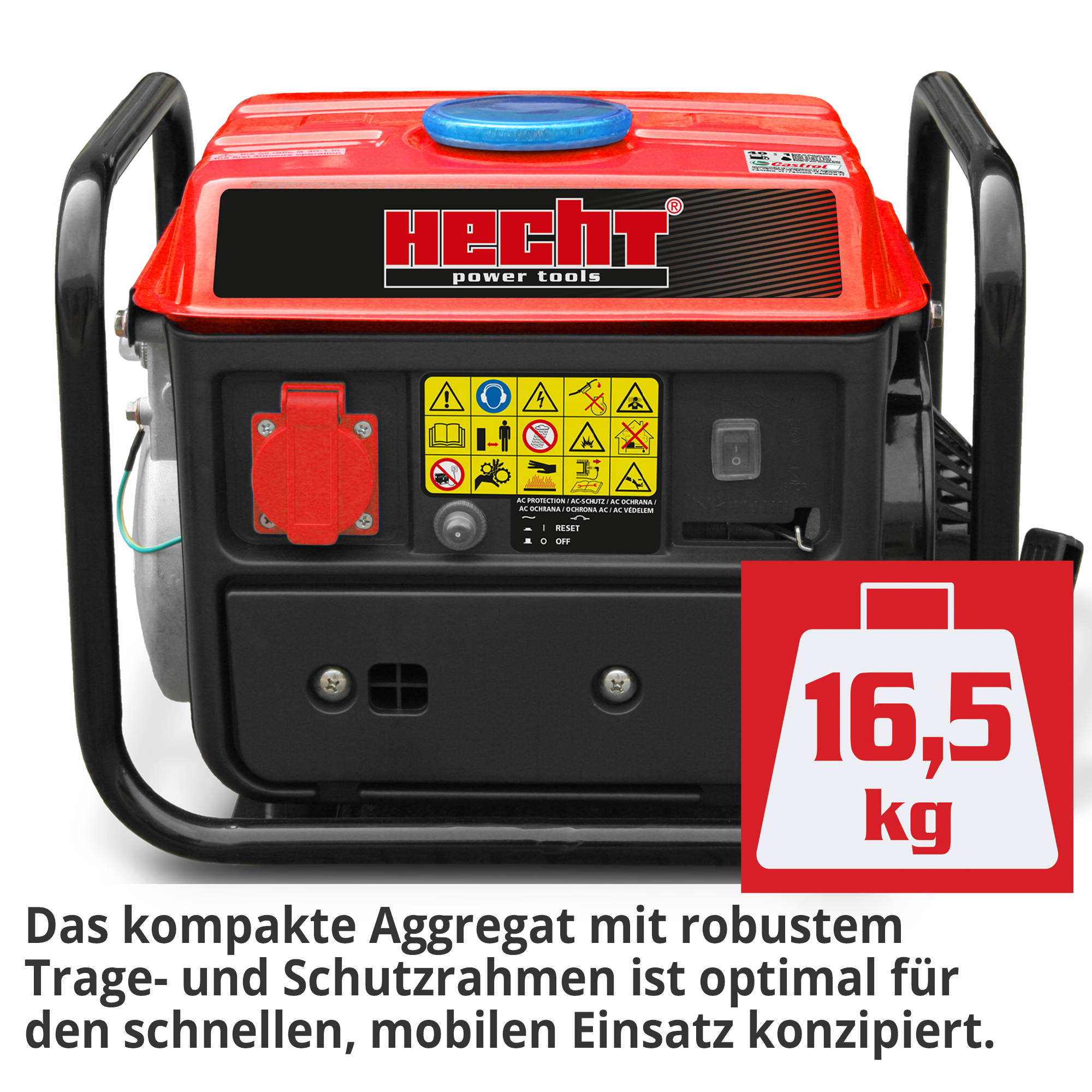 Hecht GG 950 Notstromaggregat 2 Takt Gerät; Das kompakte Aggregat mit robustem Trage- und Schutzrahmen ist optimal für den schnellen, mobilen Einsatz konzipiert