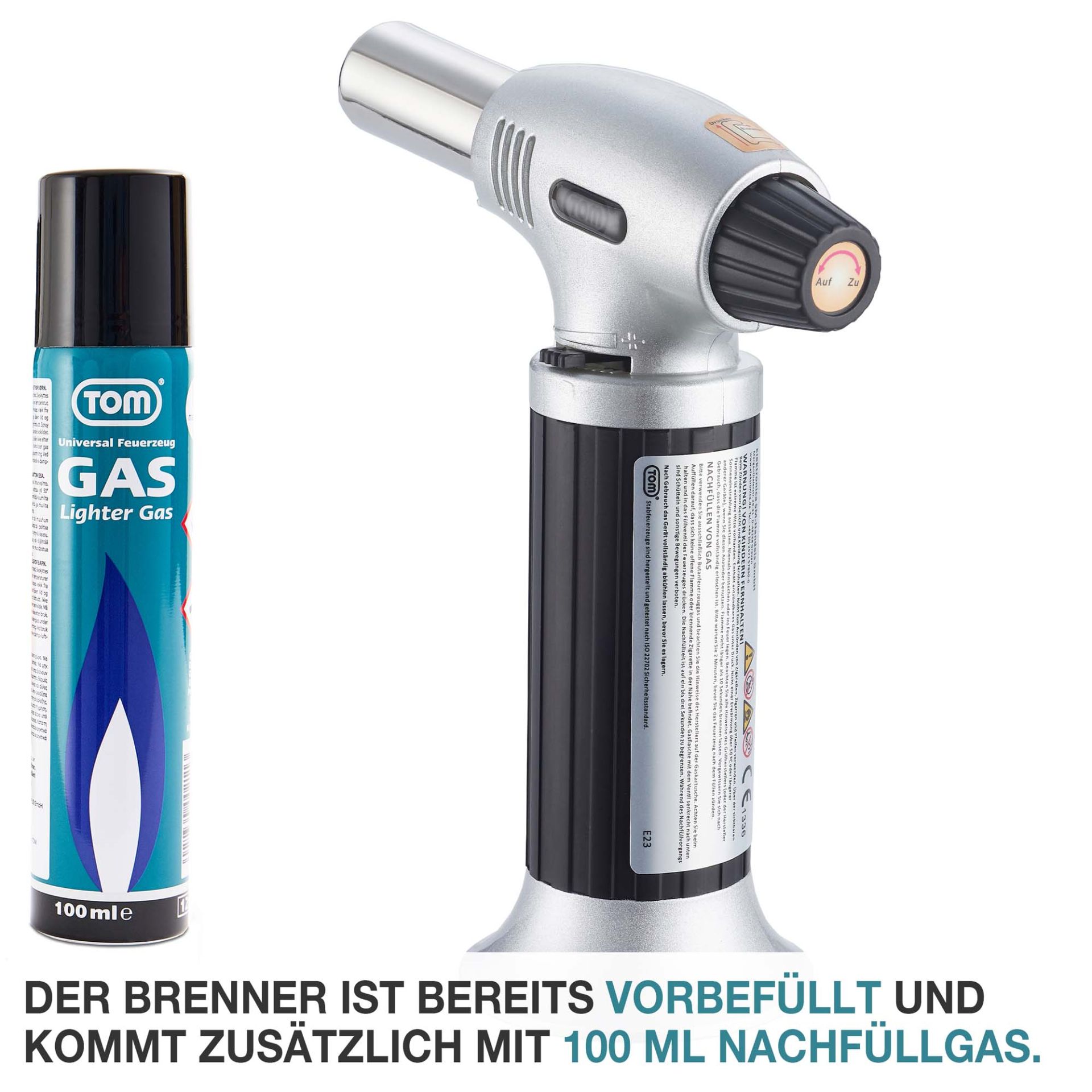 TOM Crème Brulée Brenner GB-400; Der Brenner ist vorbefüllt und wird zusätzlich mit 100 Milliliter Nachfüllgas geliefert