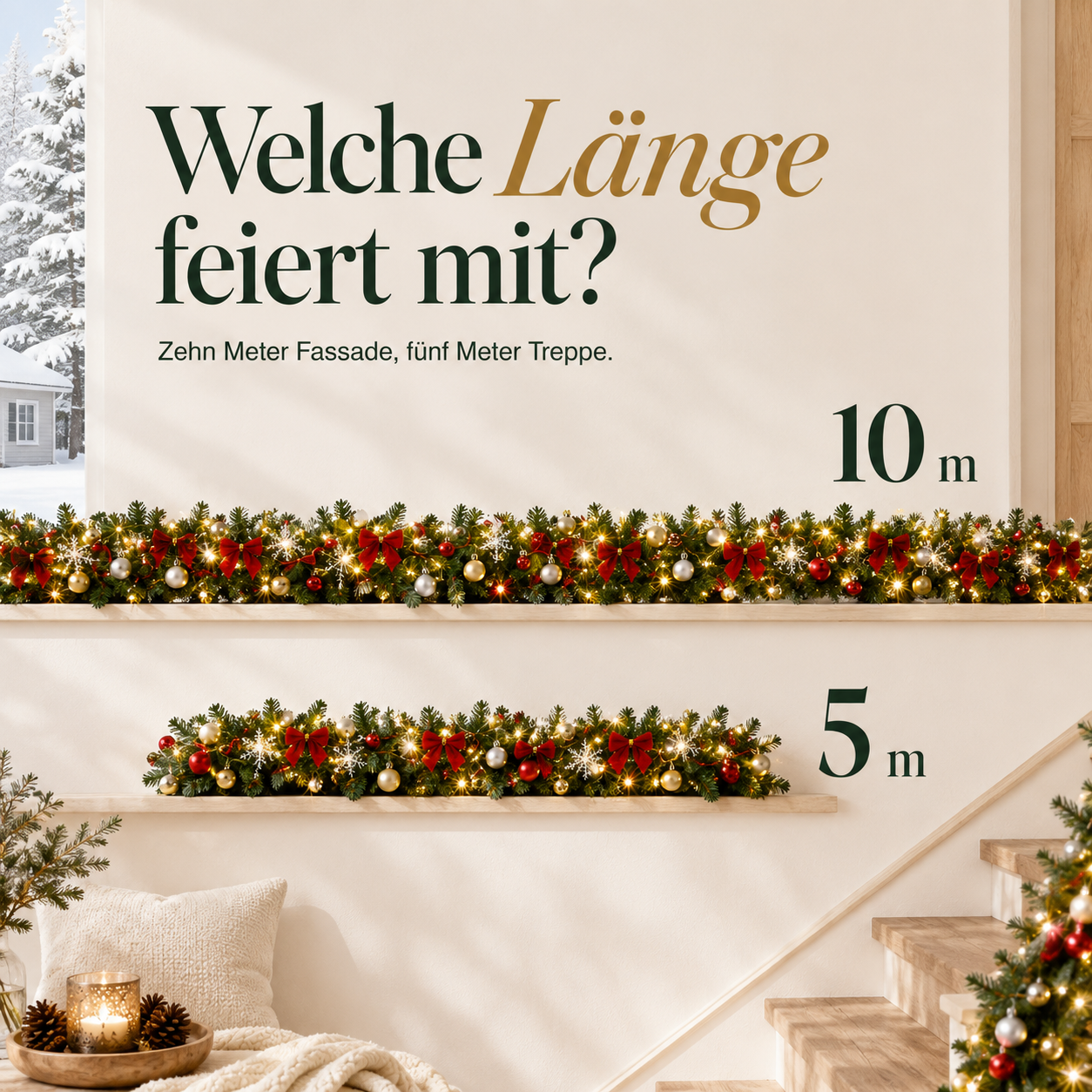 ONBEST Weihnachtsgirlande im direkten Vergleich: 10 Meter und 5 Meter Variante (Dieses Bild wurde mit Hilfe von KI generiert.)