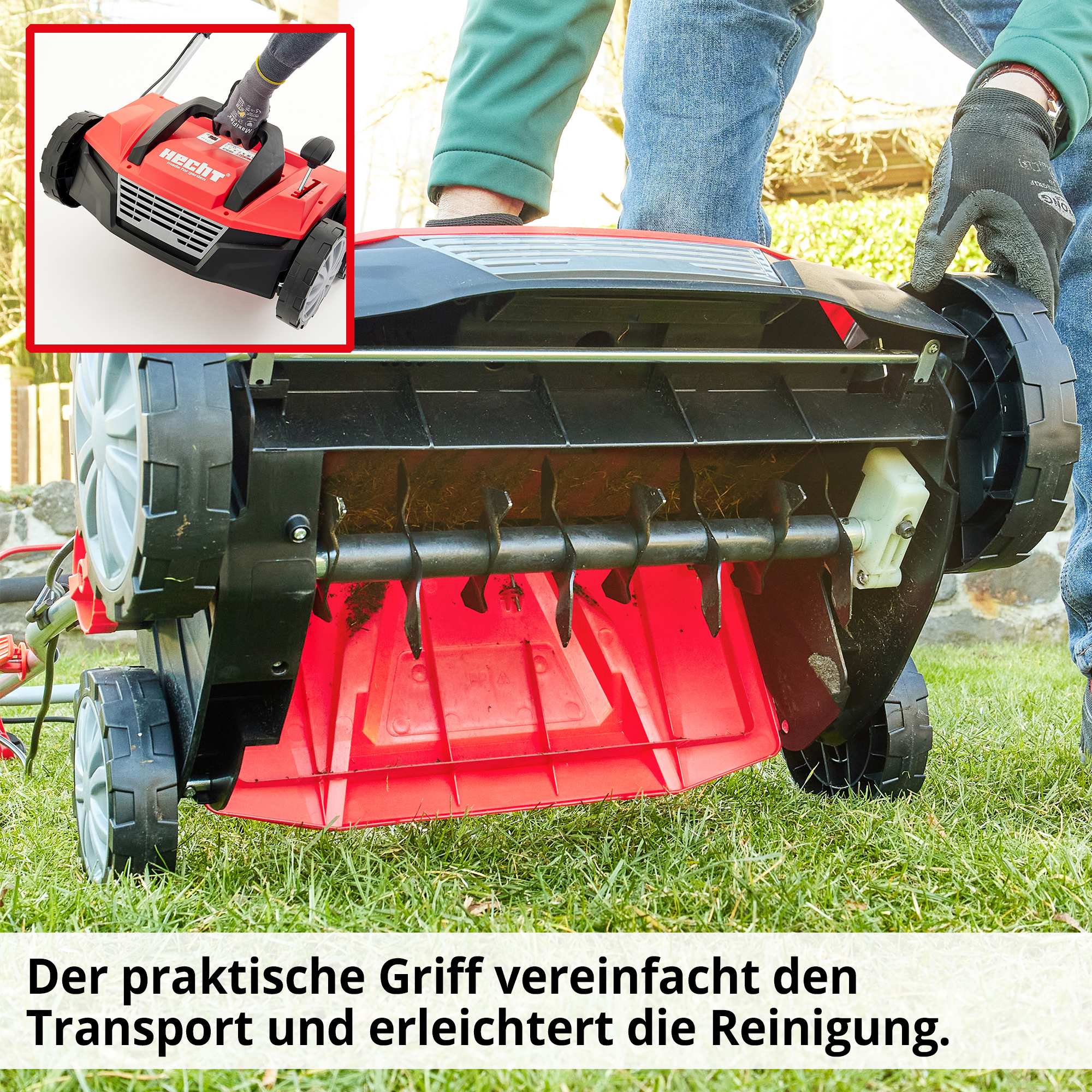 Vertikutierer; Der praktische Griff vereinfacht den Transport und erleichtert die Reinigung