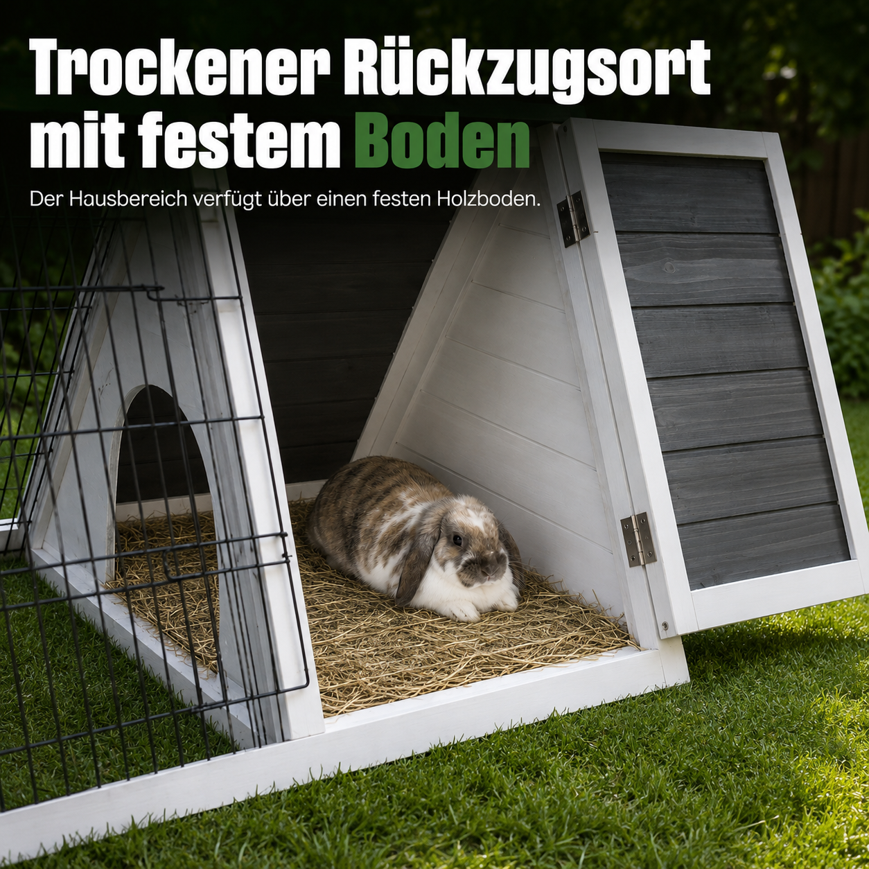 Kaninchenstall bietet trockenen Rückzugsort mit festem Boden und Stroh