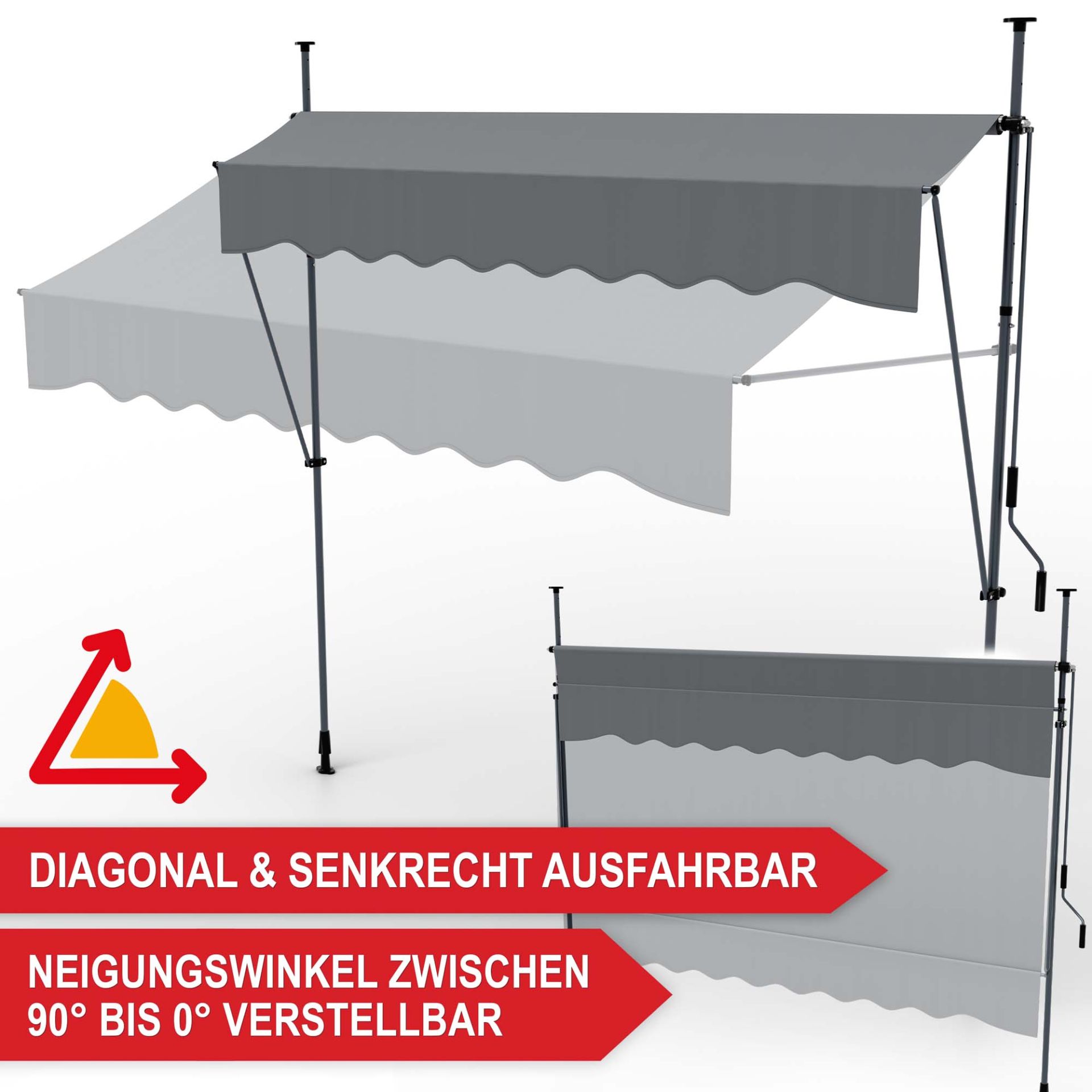 Balkonmarkise M Hellgrau - Diagonal und senkrecht ausfahrbar, Neigungswinkel zwischen 90 Grad bis 0 Grad