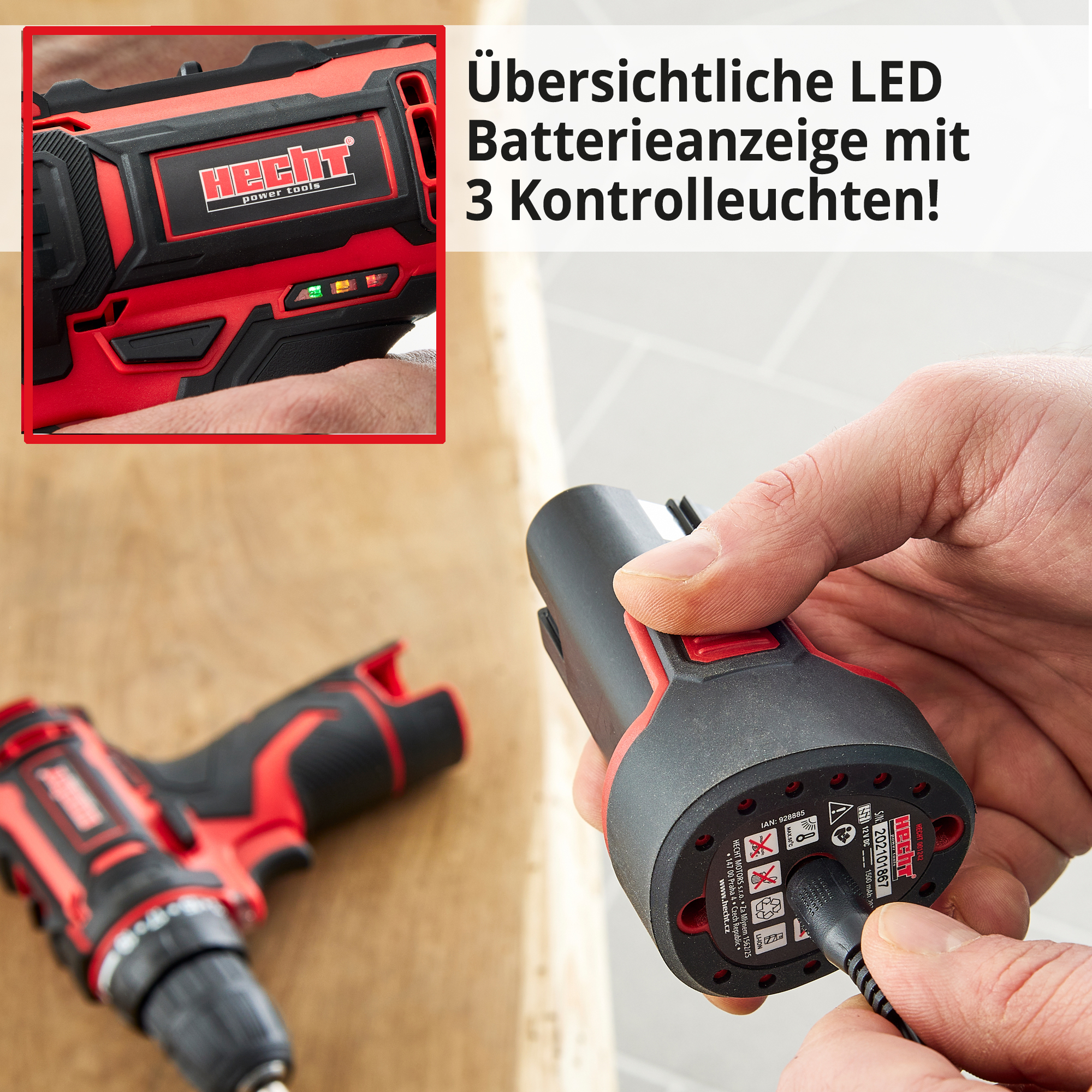 HECHT 1242 Akkuschrauber; Übersichtliche LED Batterieanzeige mit 3 Kontrollleuchten