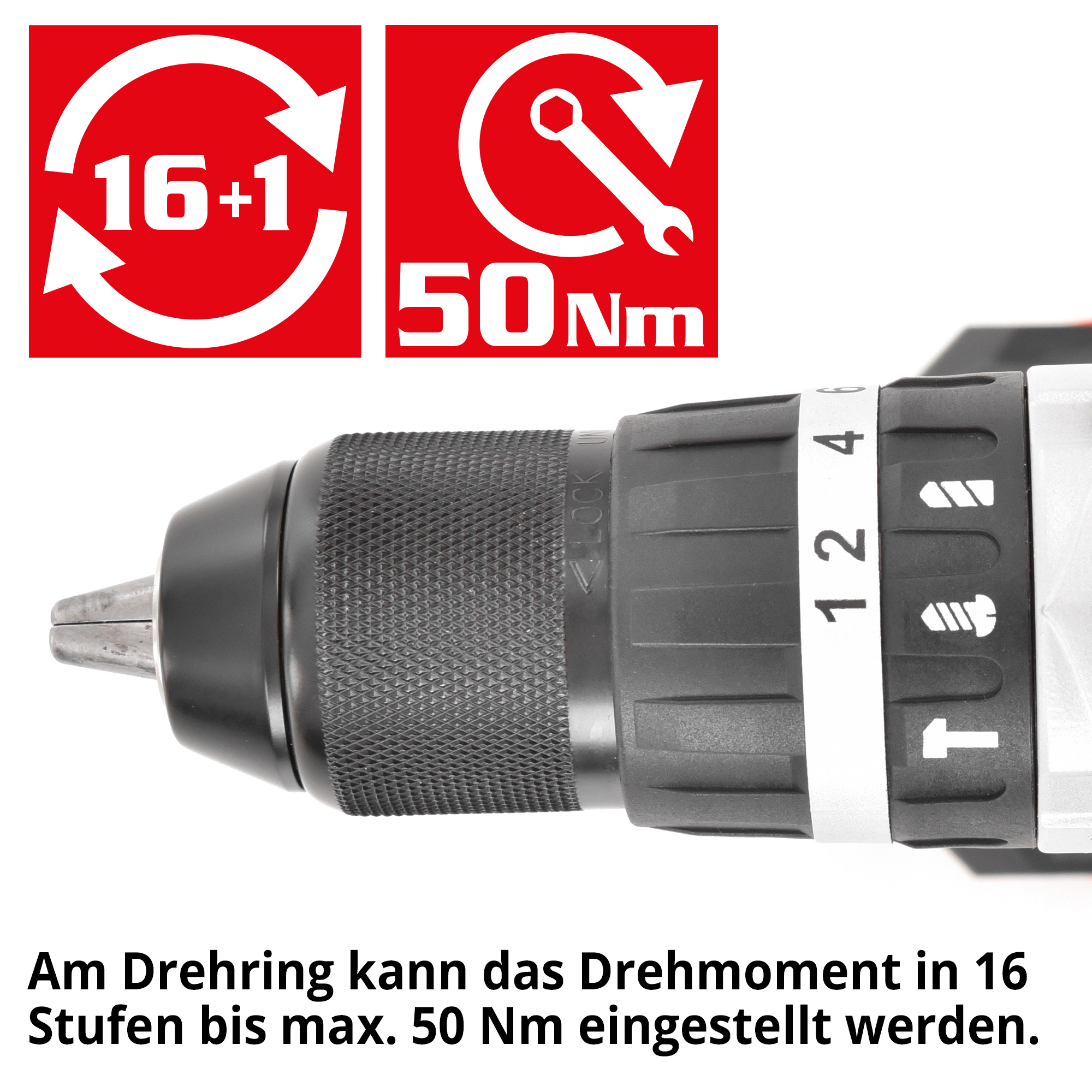 HECHT 1289 Akkuschrauber; Am Drehring kann das Drehmoment in 16 Stufen bis max. 50 Nm eingestellt werden