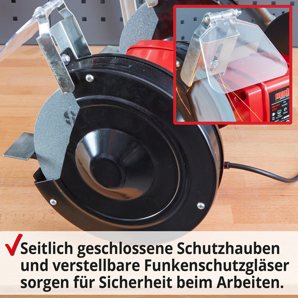 Hecht 1723 Doppelschleifer; Seitlich geschlossene Schutzhauben und verstellbare Funkenschutzgläser sorgen für Sicherheit beim Arbeiten