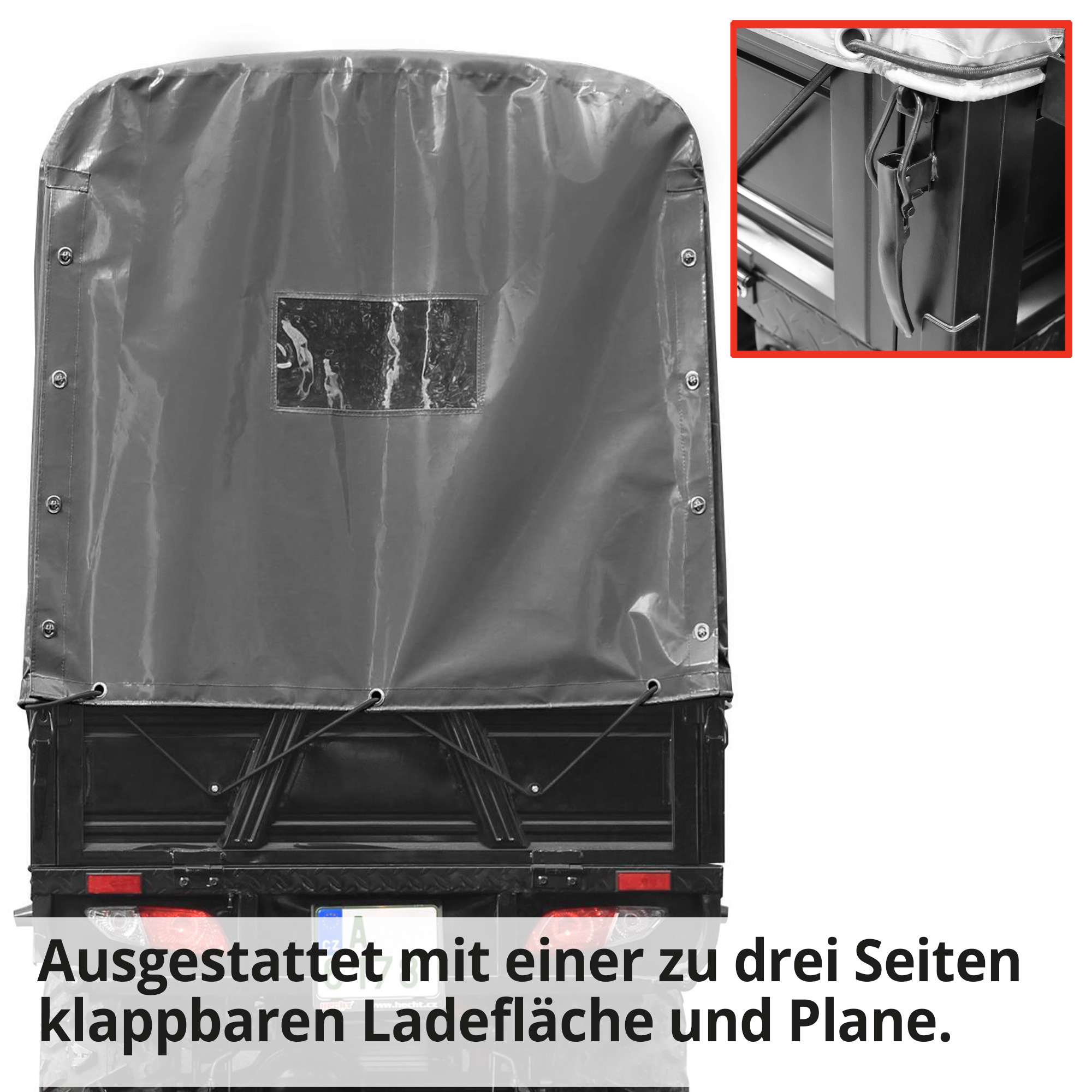Hecht Cargo - Quad mit Pritsche & Plane ausgestattet mit einer zu 3 Seiten klappbaren Ladefläche und Plane