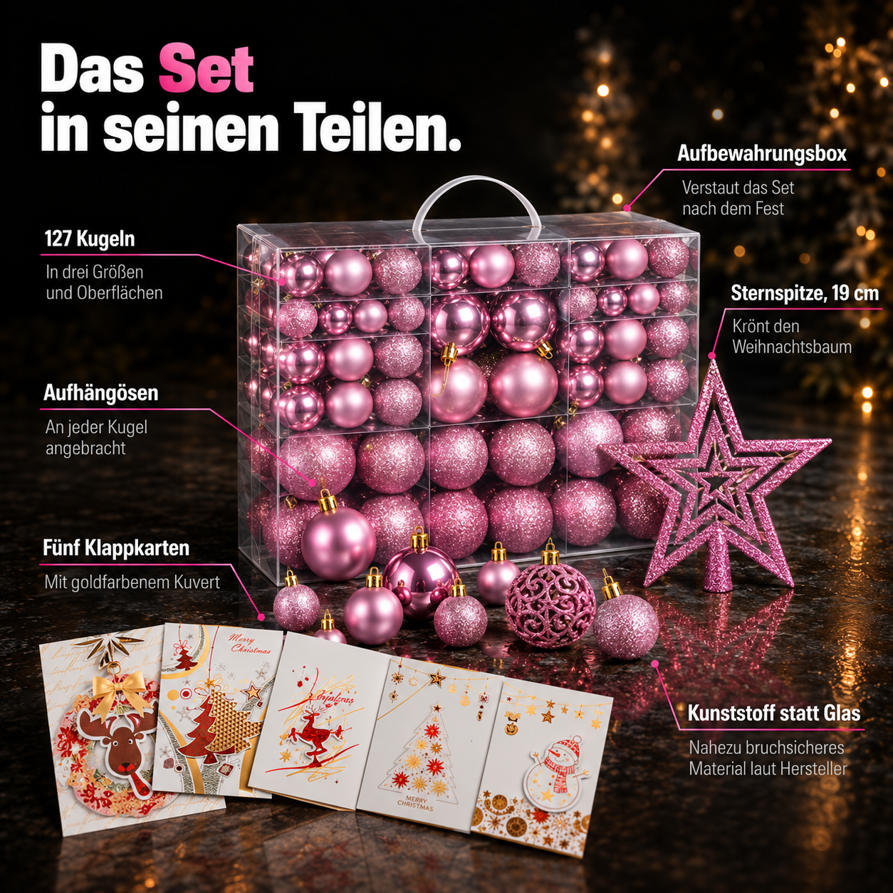 ONBEST Baumschmuck Set: Alle 128 Teile mit Stern und Karten im Detail (Dieses Bild wurde mit Hilfe von KI generiert.)