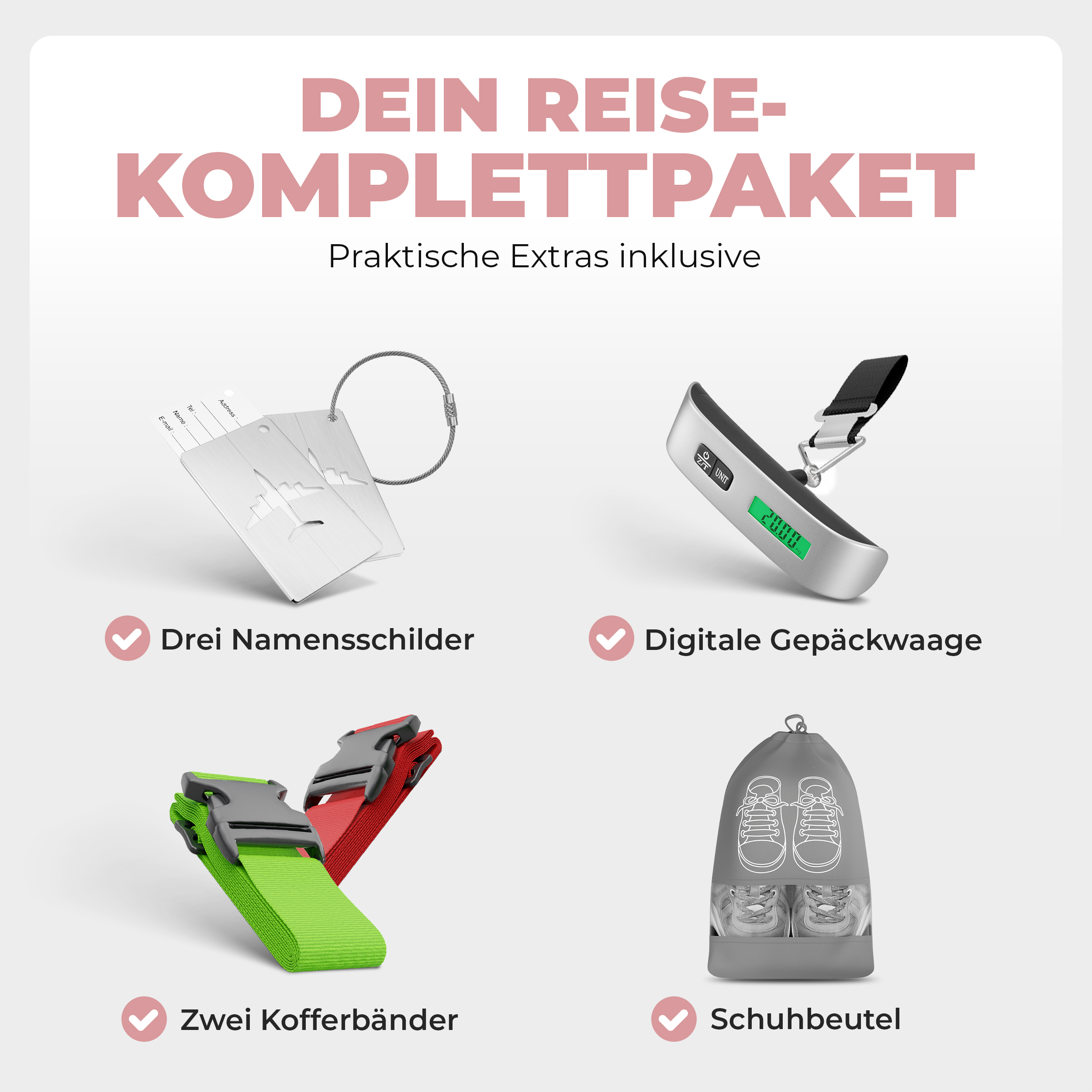 Reiseset ONBEST Rose Gold mit Namensschildern, Kofferbändern und Schuhbeutel