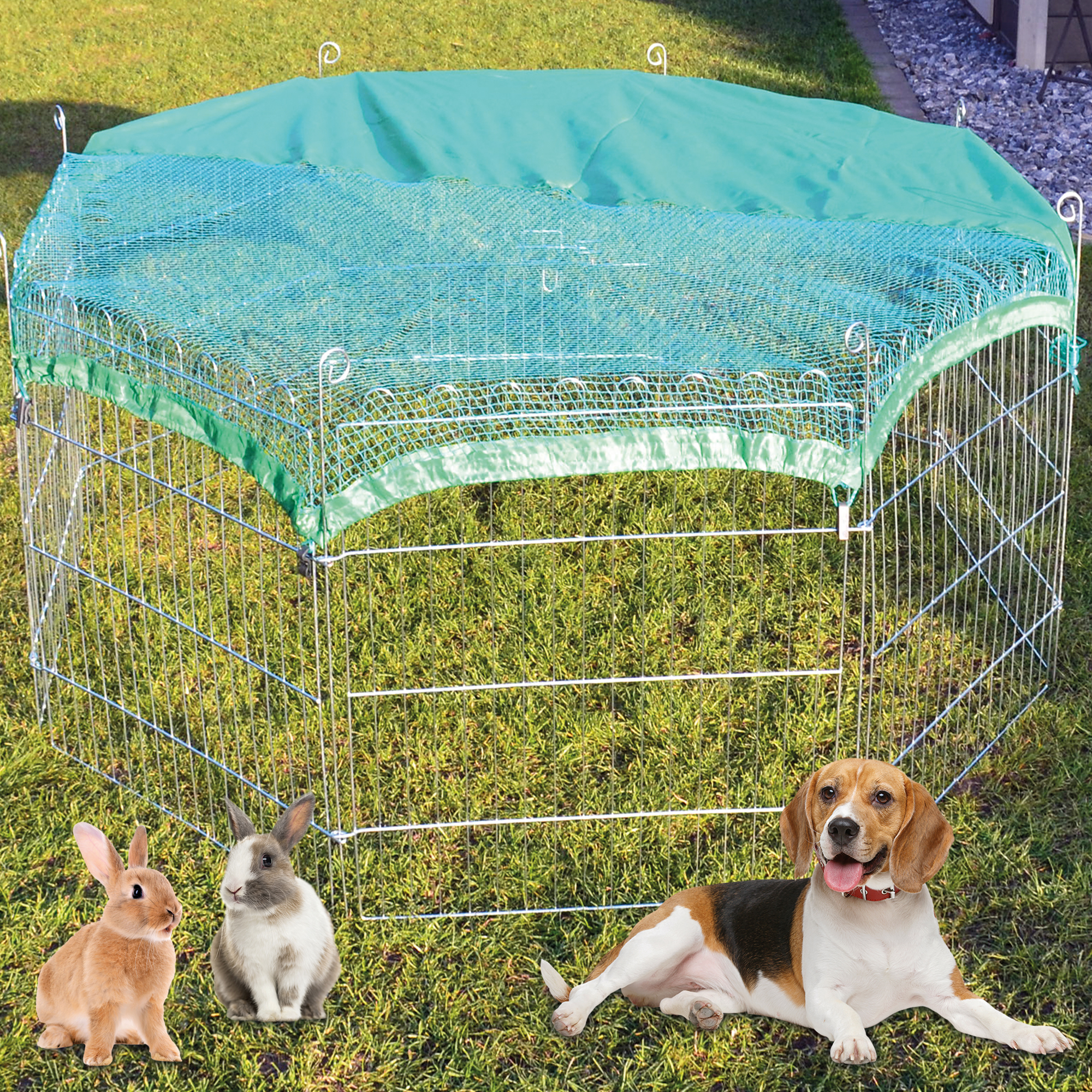 Gehege mit Netz und drei Tieren – geeignet für Hasen und kleine Hunde