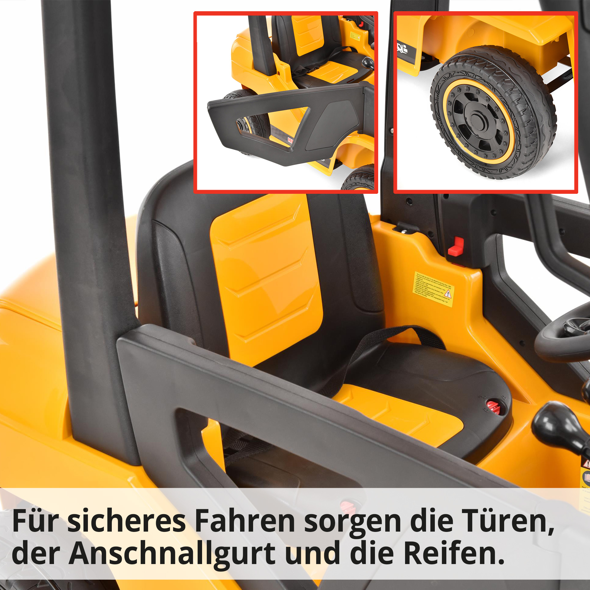 Hecht 52108YELLOW Kinder Elektro Gabelstapler Gelb; Für sicheres Fahren sorgen die Türen, der Anschnallgurt und die Reifen