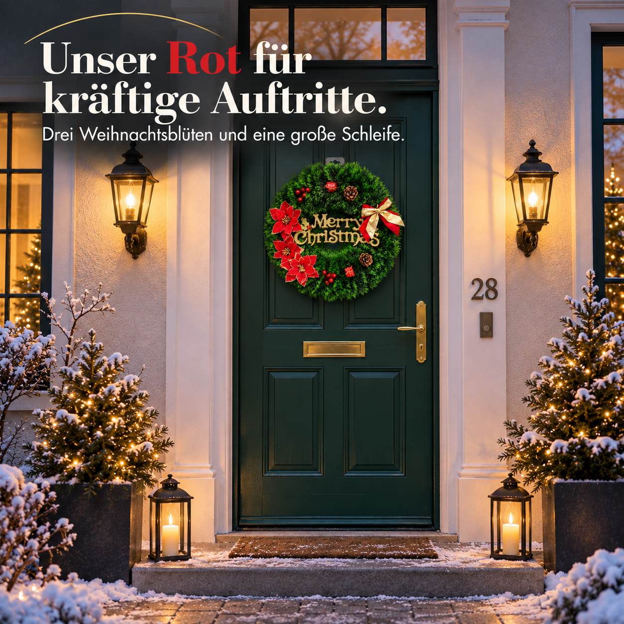 Roter Türkranz: Kräftige Farben mit Weihnachtsblüten an einer Haustür (Dieses Bild wurde mit Hilfe von KI generiert.)