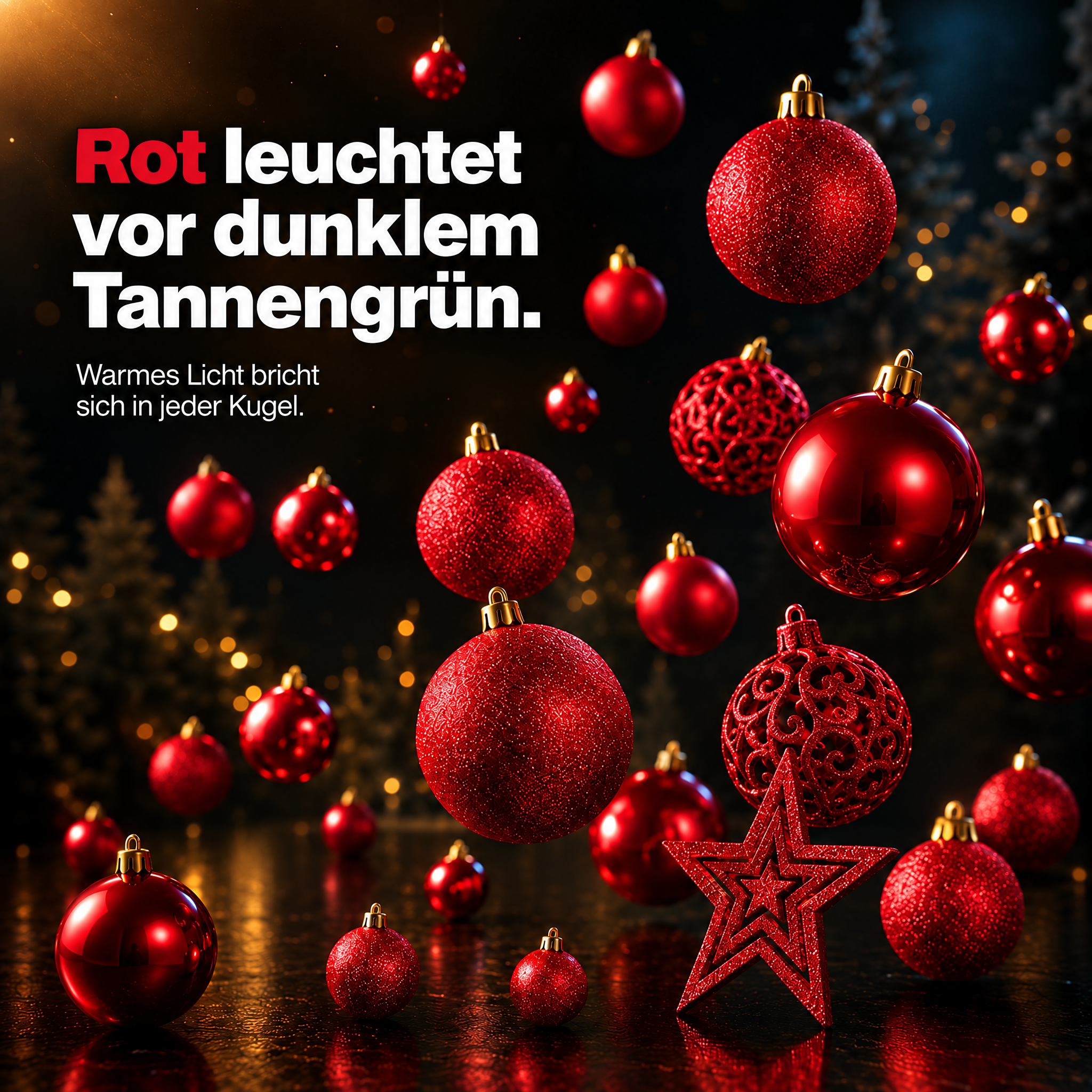 Rote Baumkugeln: Warmes Licht bricht sich festlich vor Tannengrün. (Dieses Bild wurde mit Hilfe von KI generiert.)