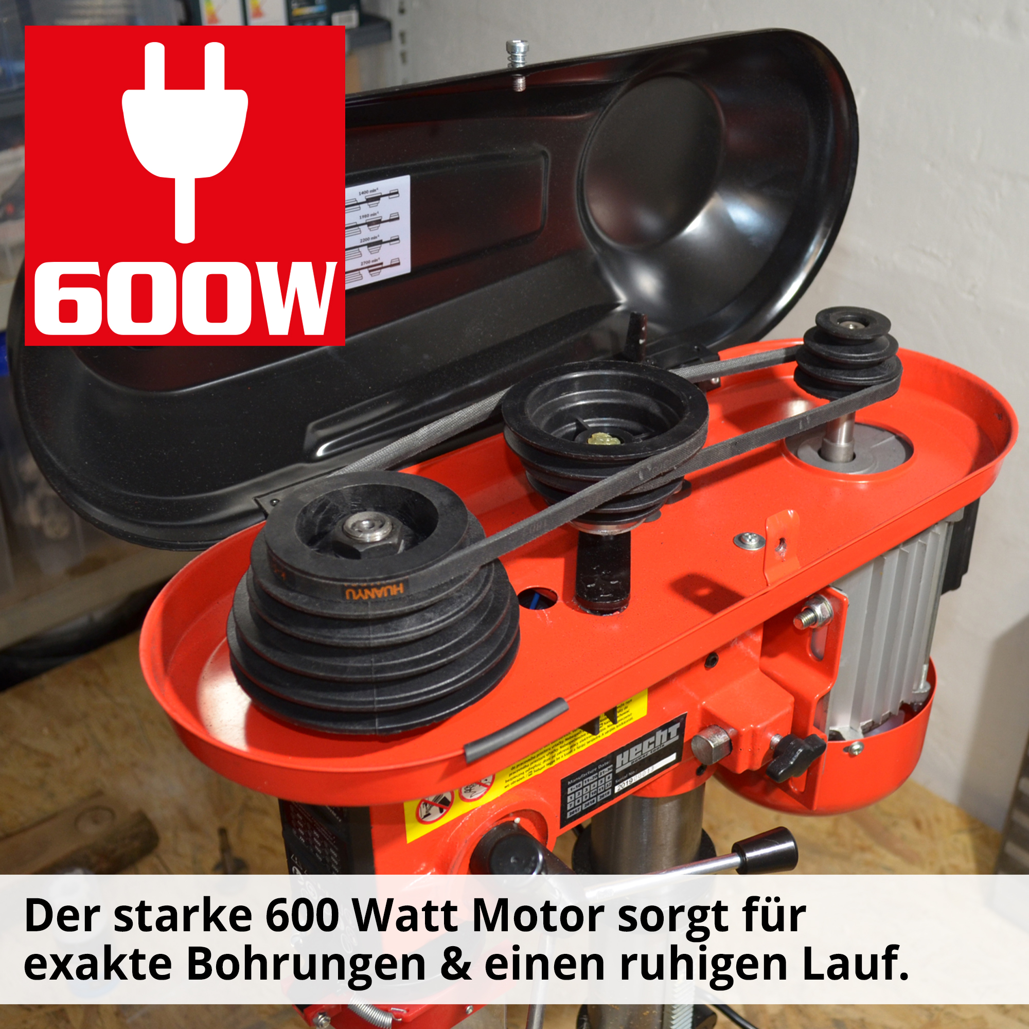 Standbohrmaschine Motor 600 Watt Antrieb Riemenscheiben Keilriemen Übersetzung geöffnet Gehäuse oben