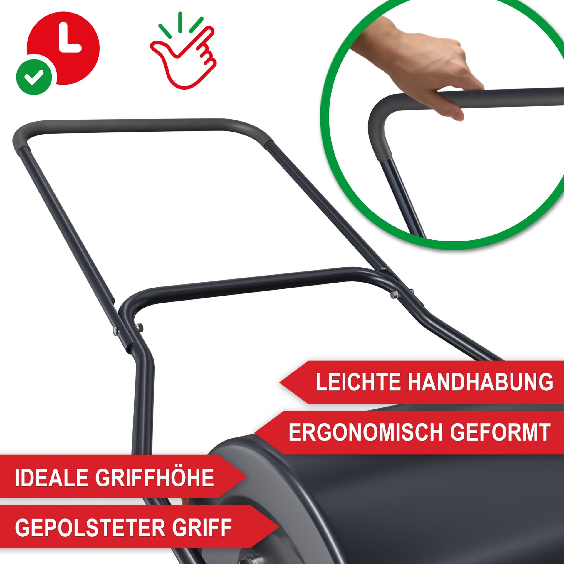 Gartenwalze - leichte Handhabung, ergonomisch geformt, ideale Griffhöhe, gepolsteter Griff