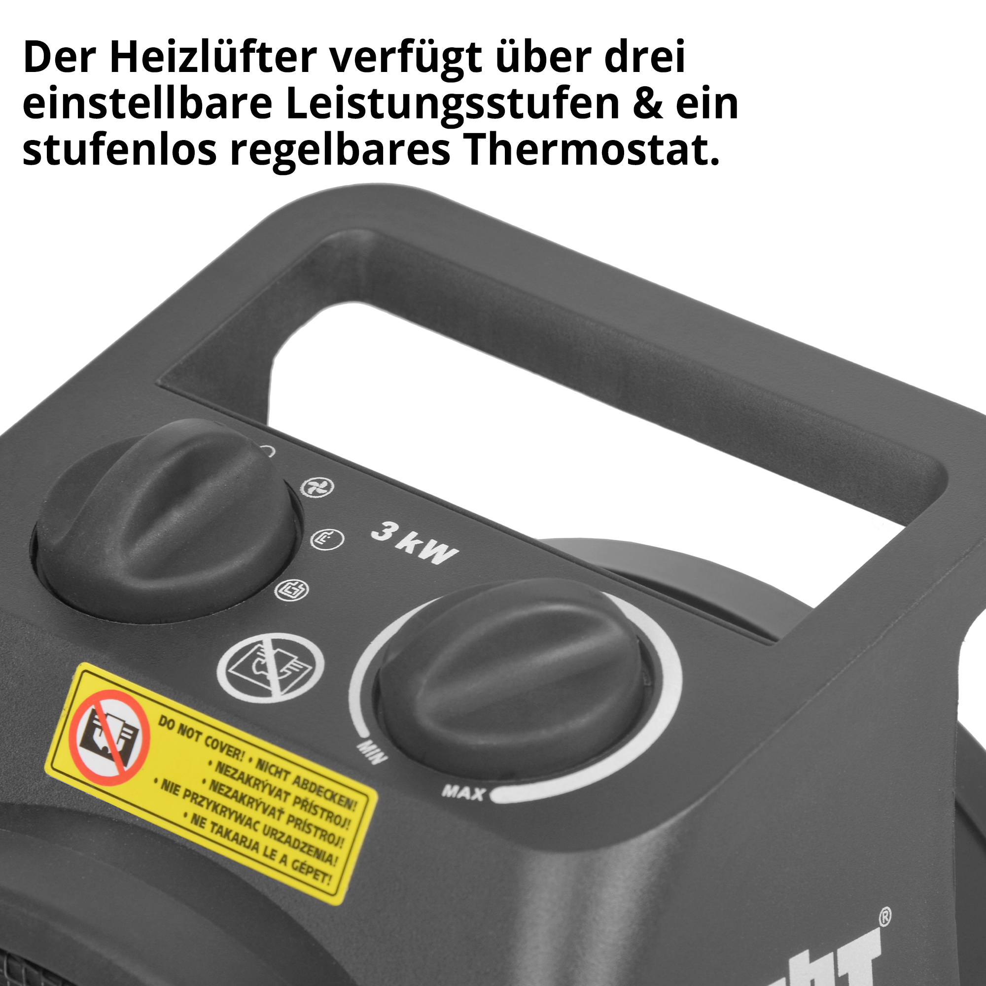 Keramik-Heizlüfter; Drei einstellbare Leistungsstufen und ein stufenlos regelbares Thermostat