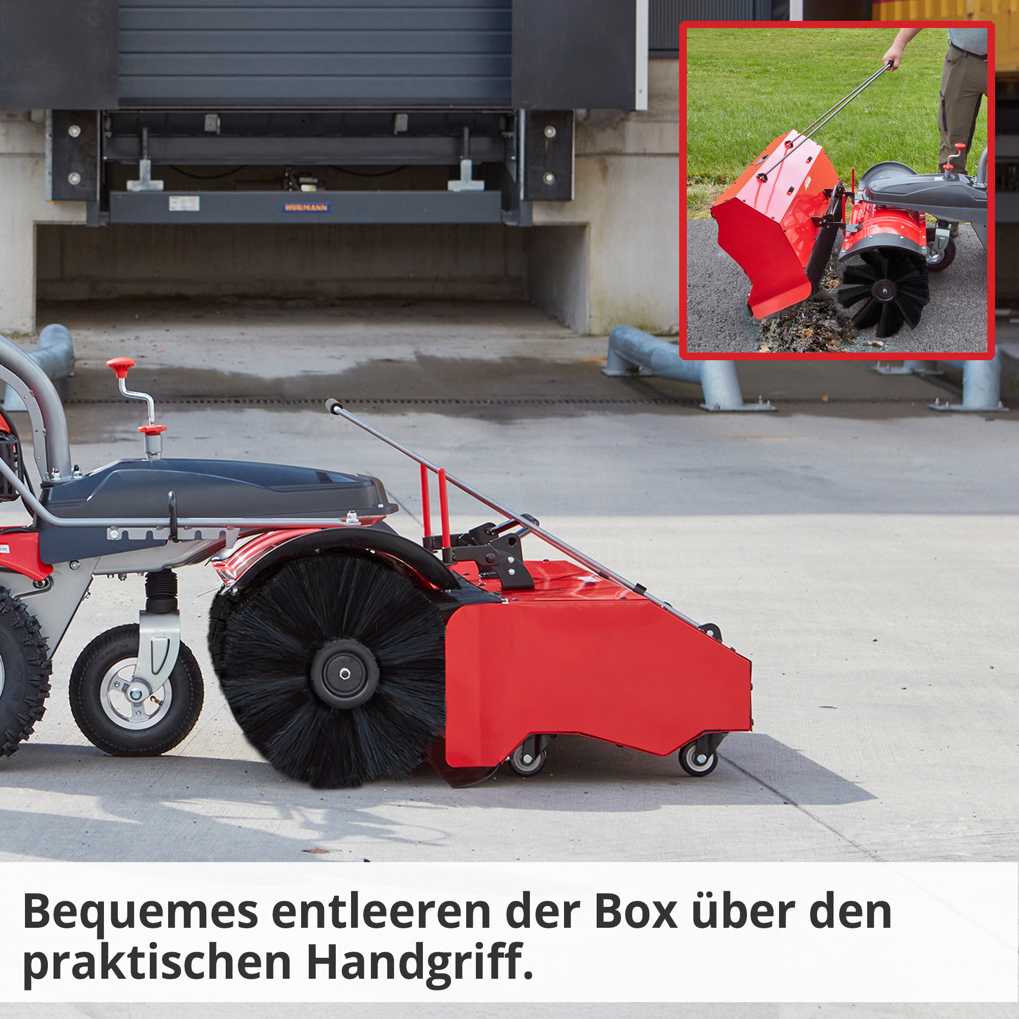 Die Auffangbox der HECHT Benzin Kehrmaschine 8101 BS lässt sich bequem entleeren