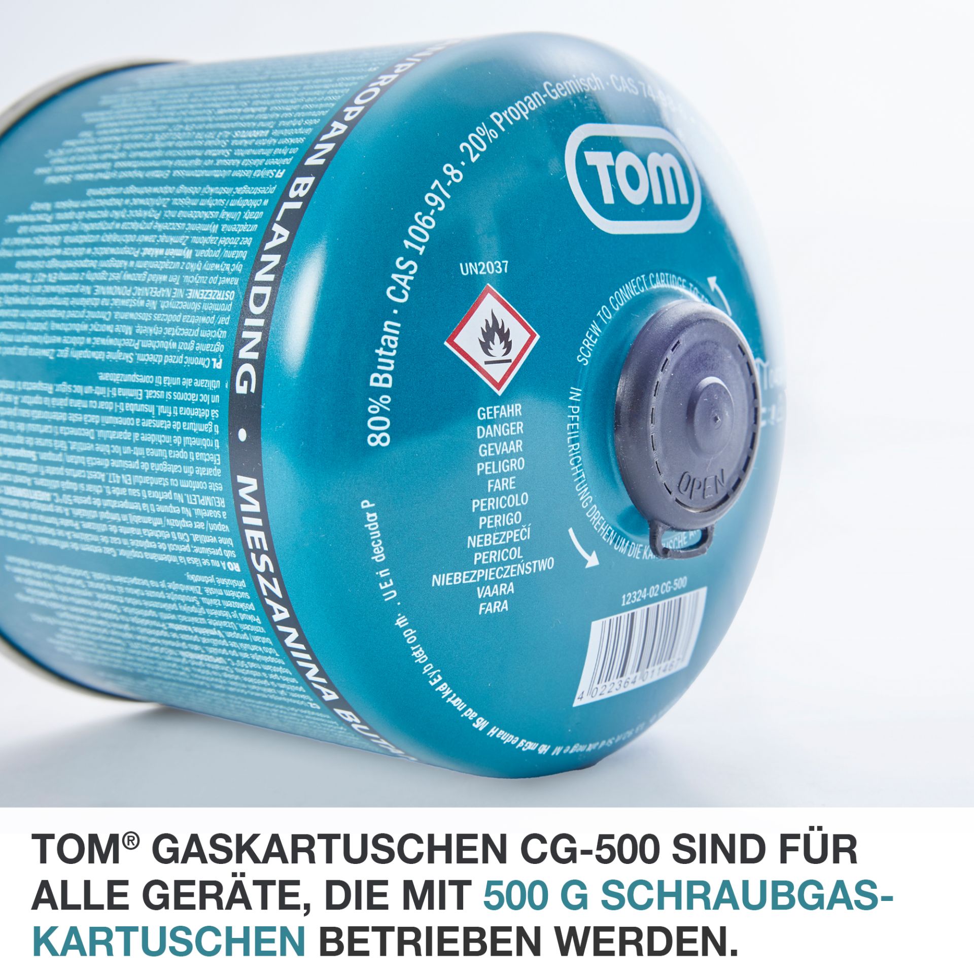 TOM CG-500 Butan Gas; Geeignet für alle Geräte, die mit 500 Gramm Kartuschen kompatibel sind 