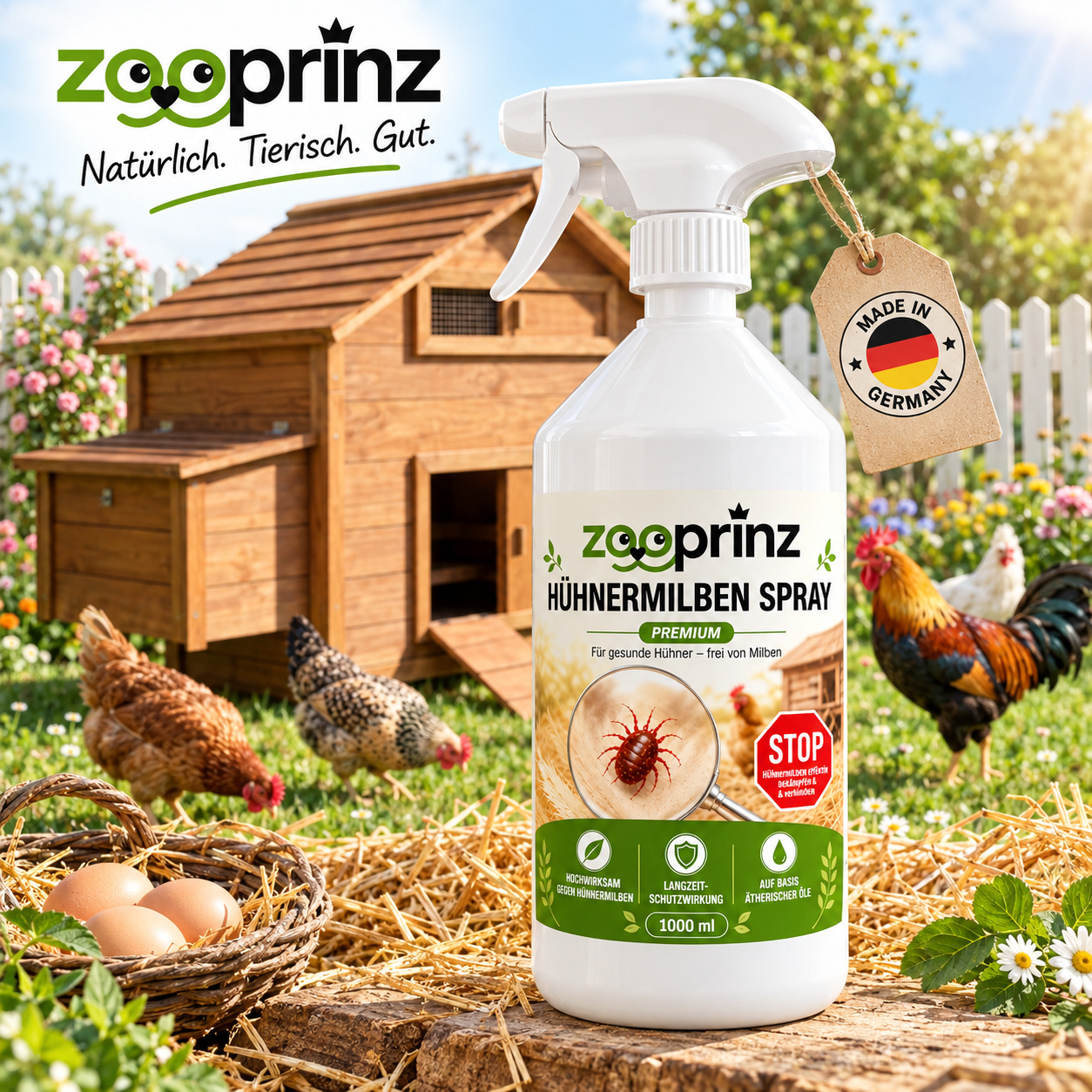 Hühnermilben Spray zooprinz: Flasche vor Hühnerstall im Freien (Dieses Bild wurde mit Hilfe von KI generiert.)
