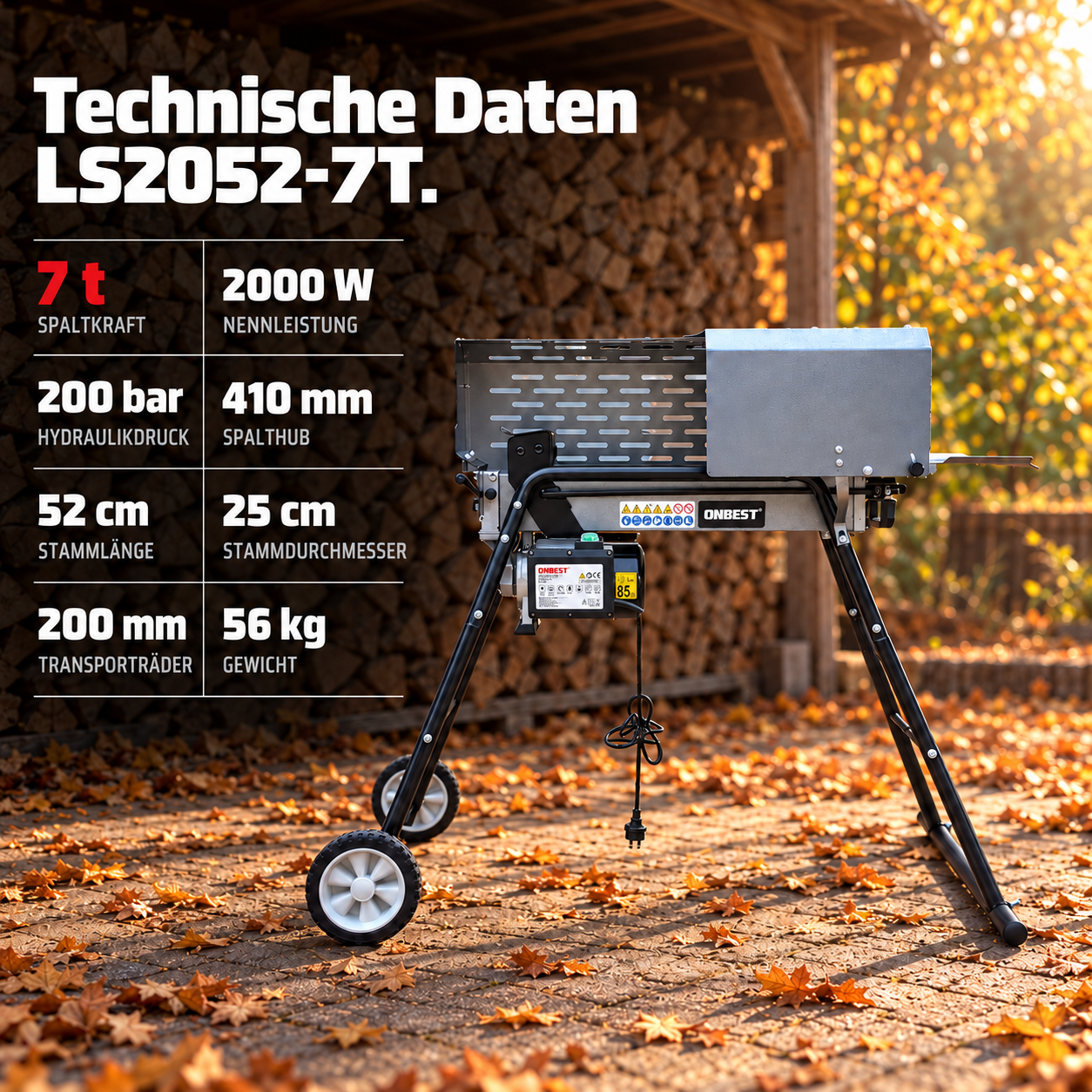 Technische Daten vom ONBEST Holzspalter: 7t Spaltkraft und 2000 W Leistung (Dieses Bild wurde mit Hilfe von KI generiert.)
