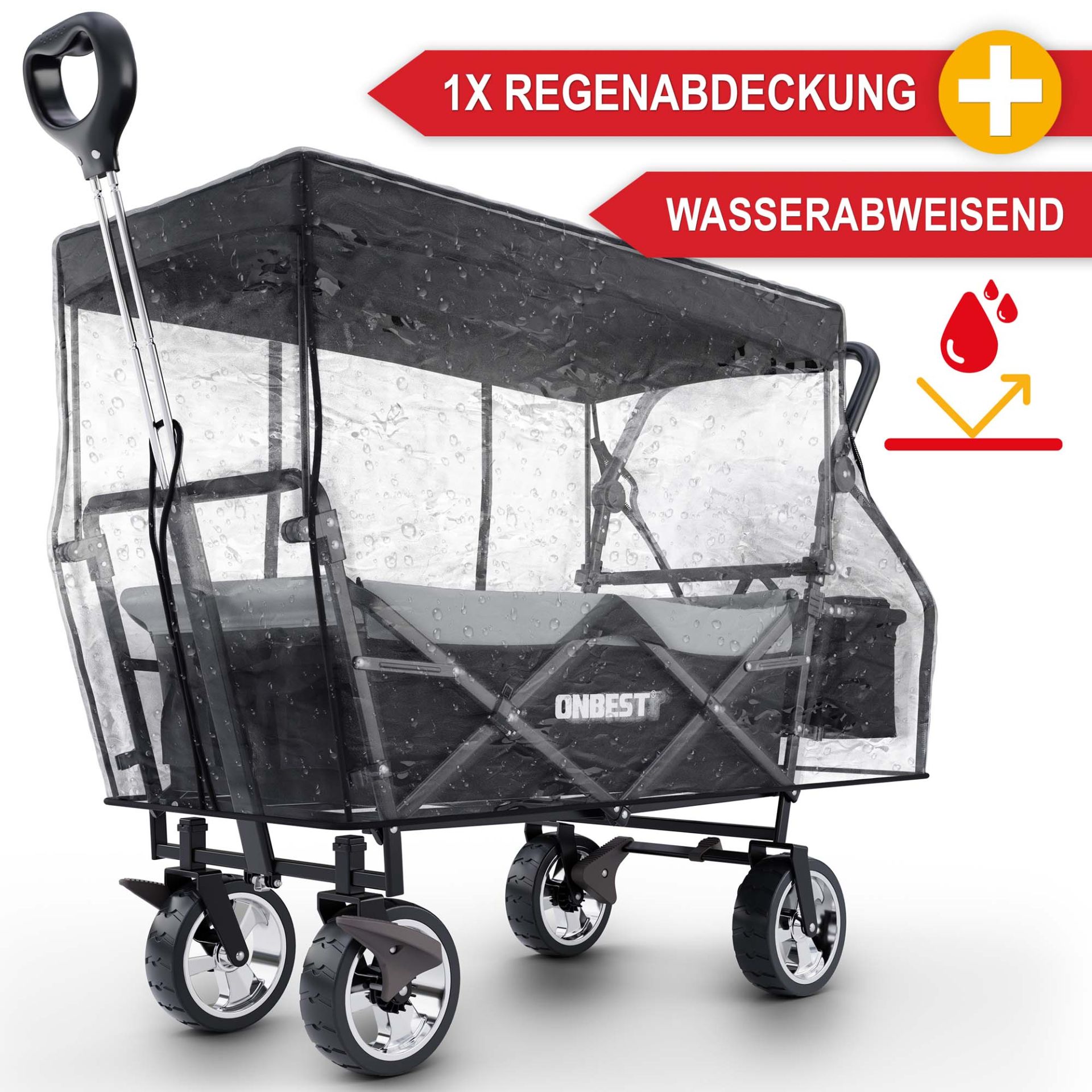 Bollerwagen mit Dach schwarz - Inklusive einer Regenabdeckung, wasserabweisend Bollerwagen mit Dach schwarz - Inklusive einer Regenabdeckung, wasserabweisend