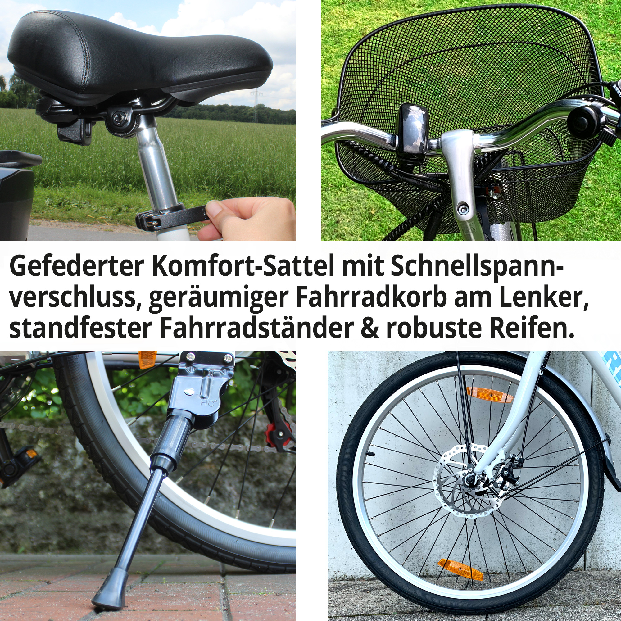 E-Bike mit Komfortsattel, Lenkerkorb, Ständer und pannensicheren Reifen