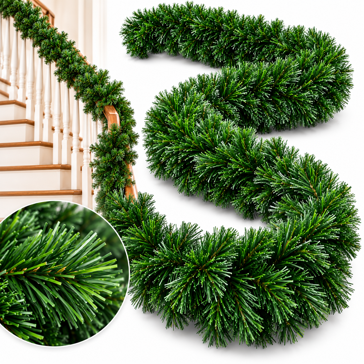 Weihnachtsgirlande Collage: Vielseitig als Kranz und auf Treppe (Dieses Bild wurde mit Hilfe von KI generiert.)