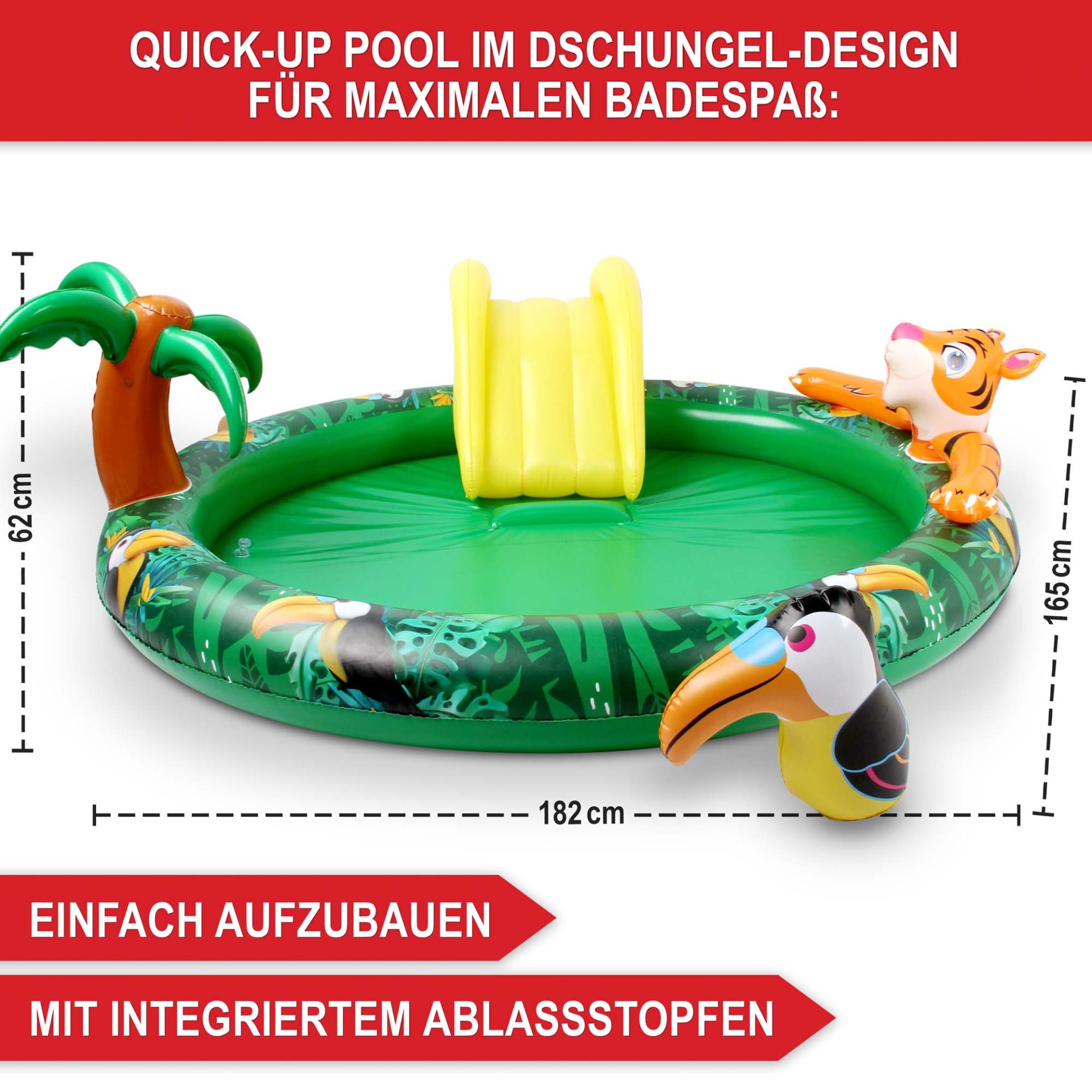 Planschbecken Dschungel - Quick Up Pool im Dschungel-Design, einfach aufzubauen, mit integriertem Ablassstopfen
