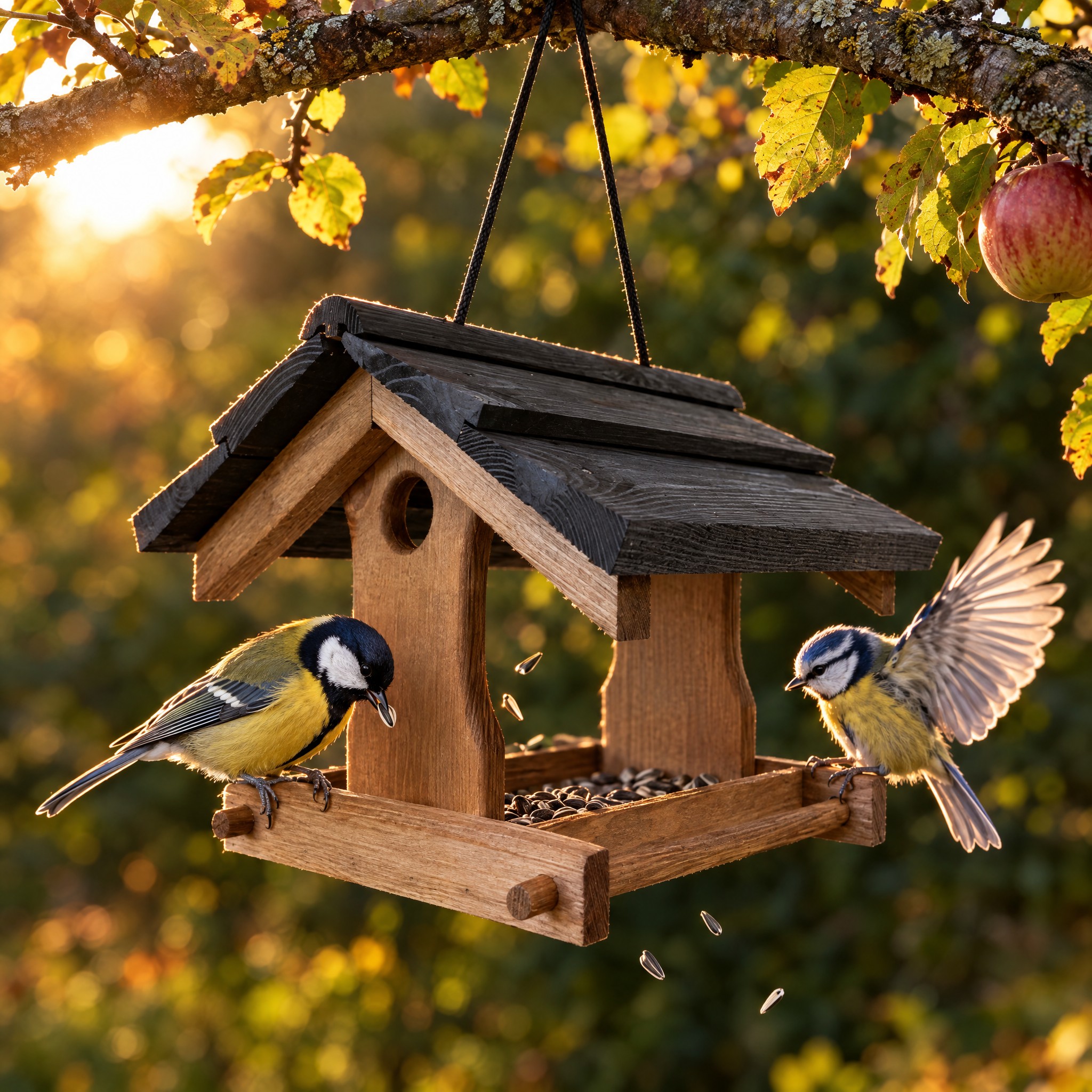 Vogelhaus Pico mit Silo: Blaumeise und Kohlmeise am hängenden Futterplatz (Dieses Bild wurde mit Hilfe von KI generiert.)