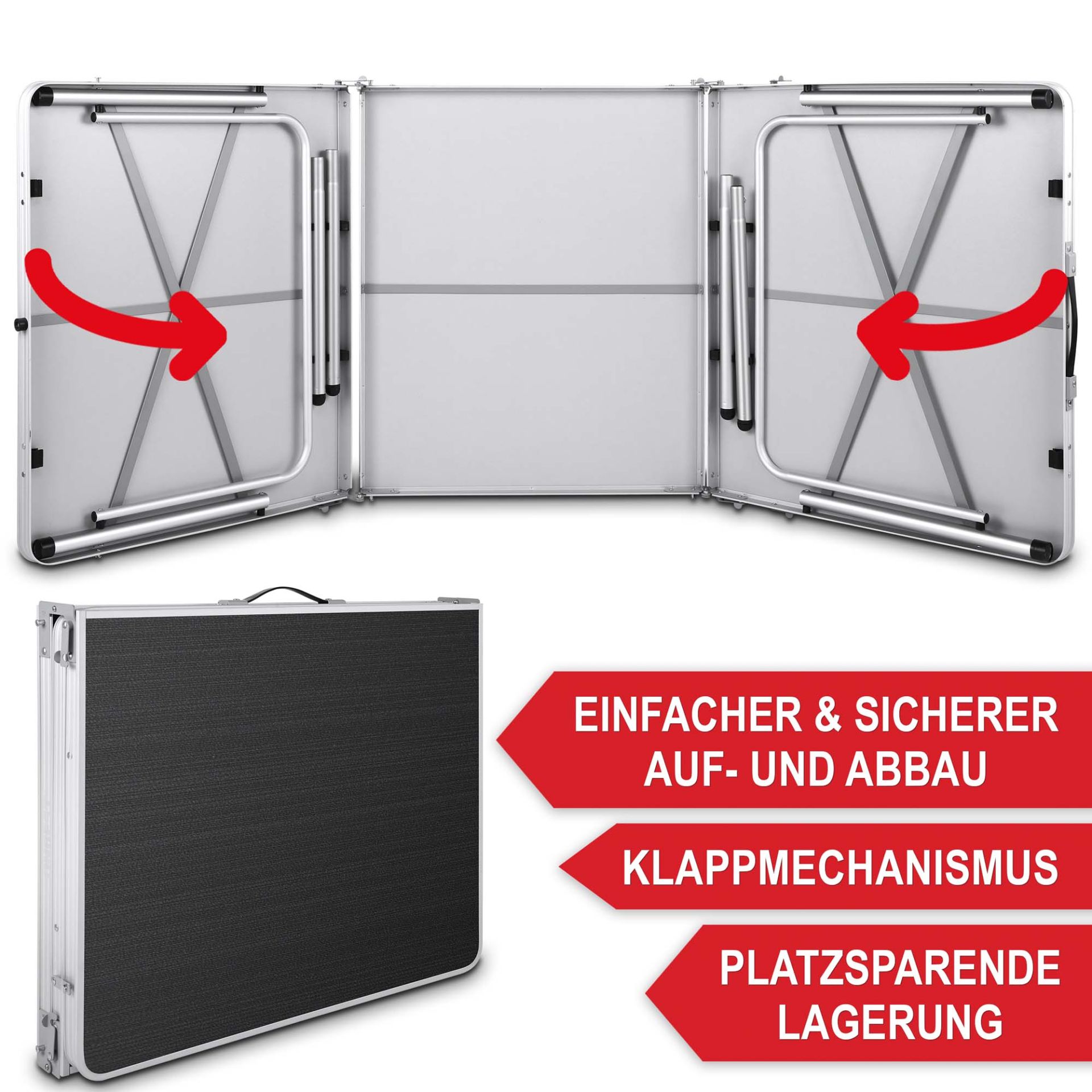 Klapptisch Sylt - Einfacher und sicherer Auf- und Abbau, Klappmechanismus, platzsparende Lagerung