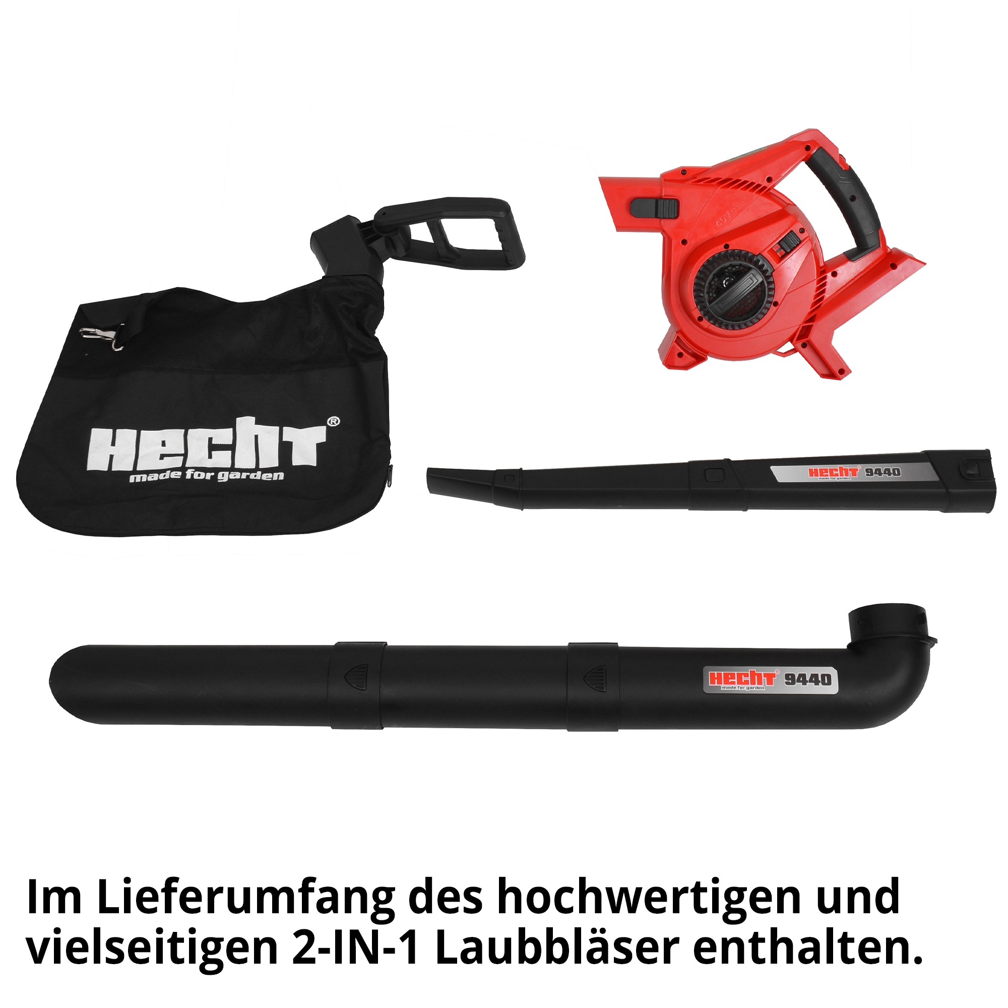 Hecht Akku-Laubbsauger 9440 Lieferumfang mit Antriebseinheit Fangsack saug und Blasrohr 