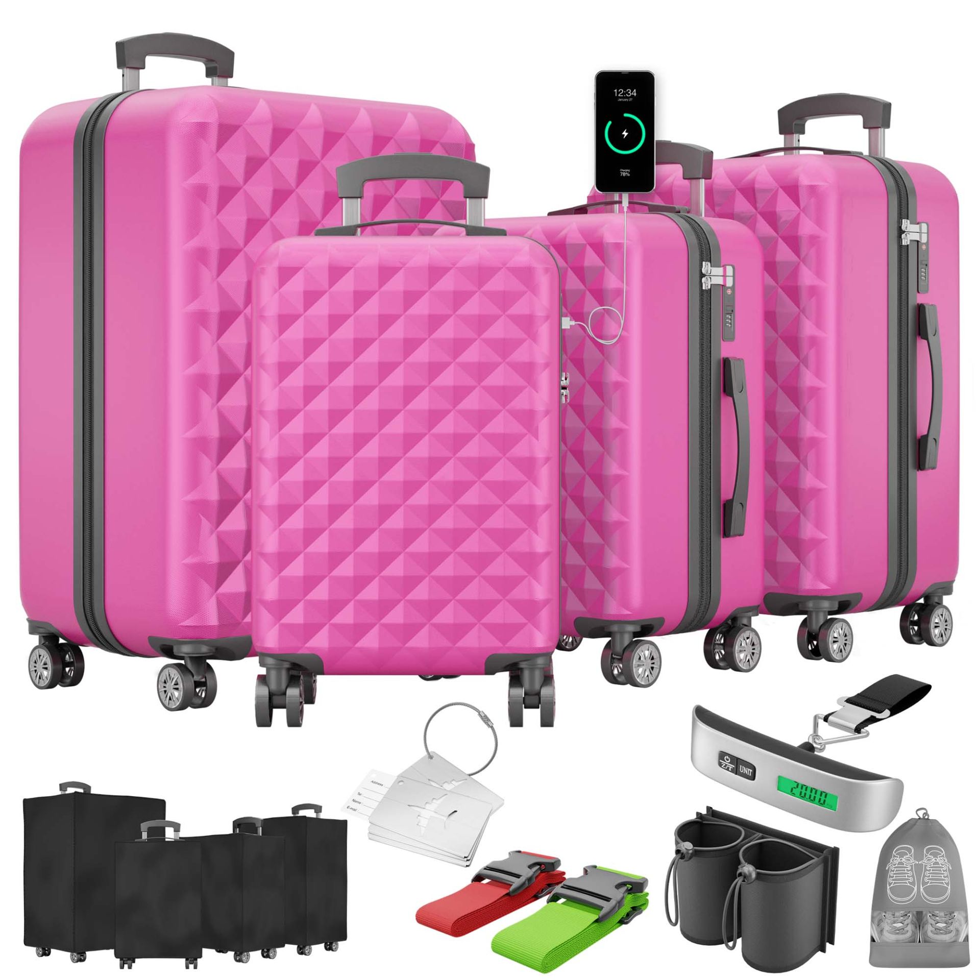 Kofferset ONBEST 4-teilig Pink mit USB, TSA-Schloss & Zubehör – stylisch, sicher und reisetauglich