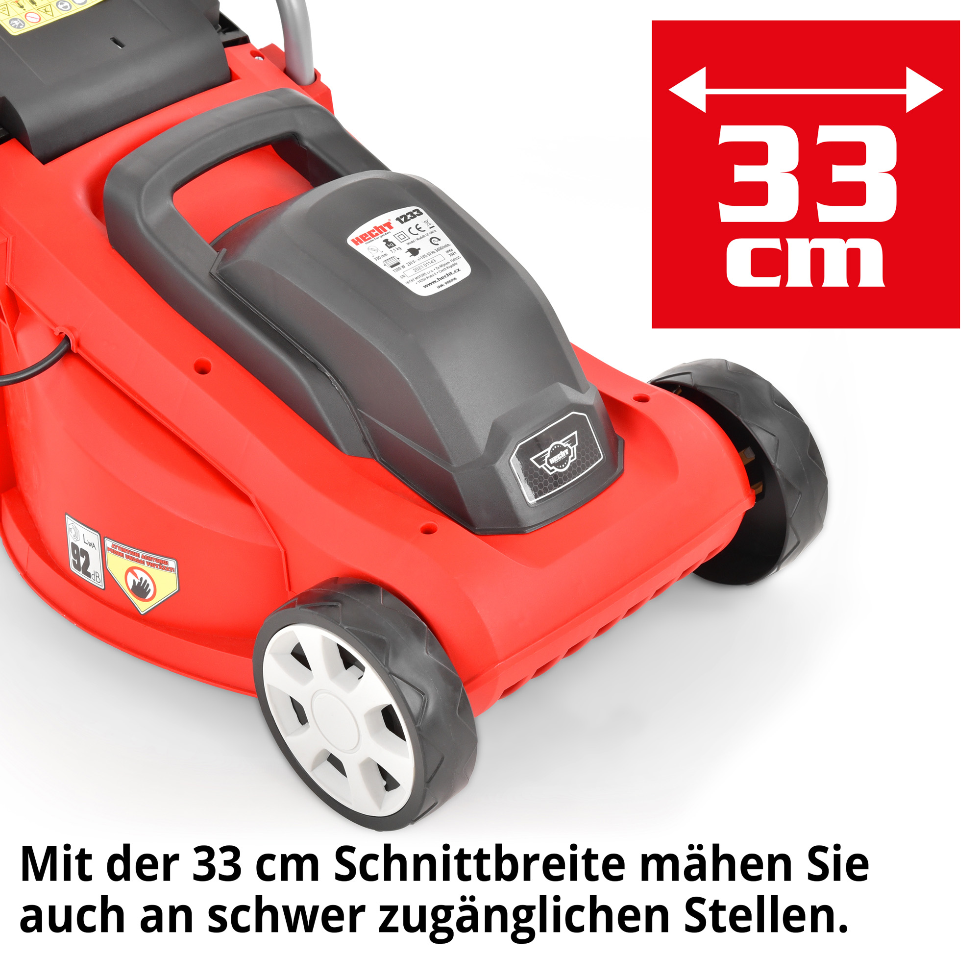 Rasenmäher Elektro Schnittbreite 33 cm Frontansicht wendig für kleine Gärten (Dieses Bild wurde mit Hilfe von KI generiert.)